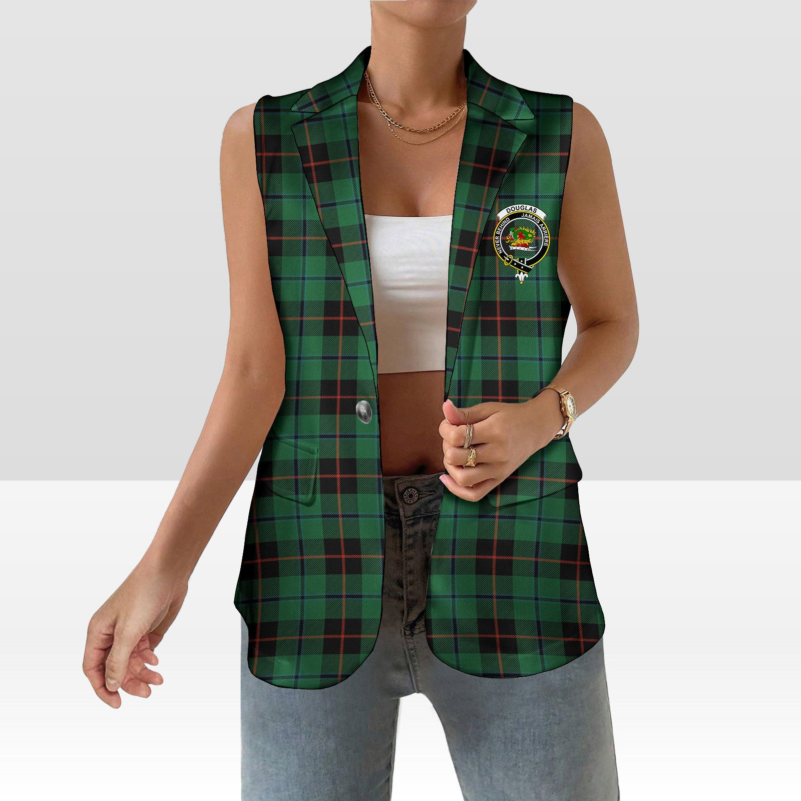 ScotsTee Shop Scottish Douglas Black Ancient Women's Tartan Sleeveless Blazer Suit Vest
