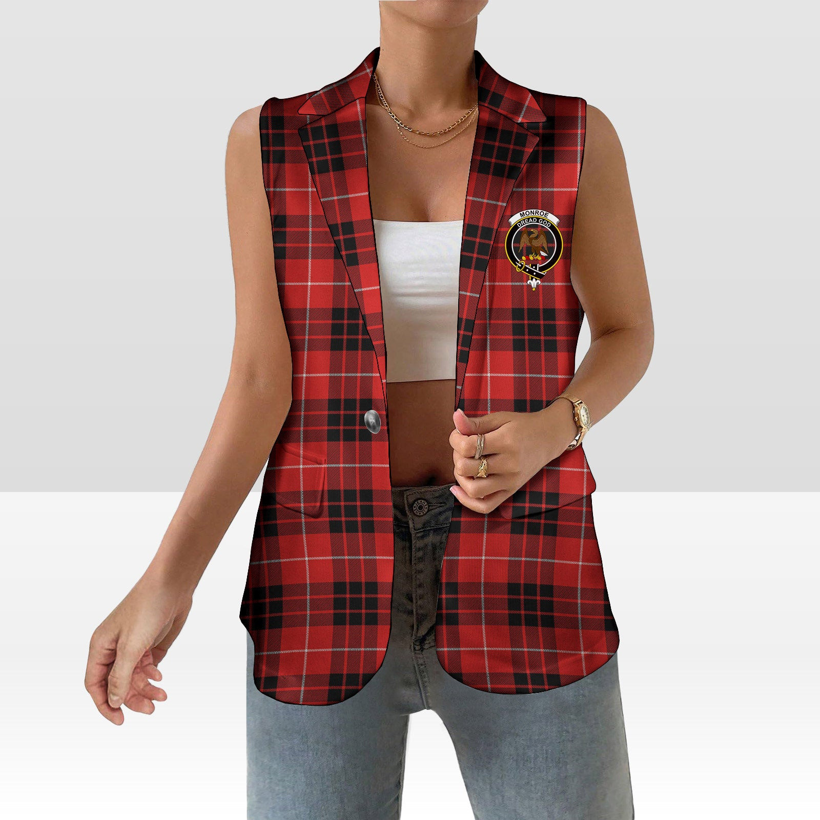 ScotsTee Shop Scottish Monroe Black and Red Modern Women's Tartan Sleeveless Blazer Suit Vest