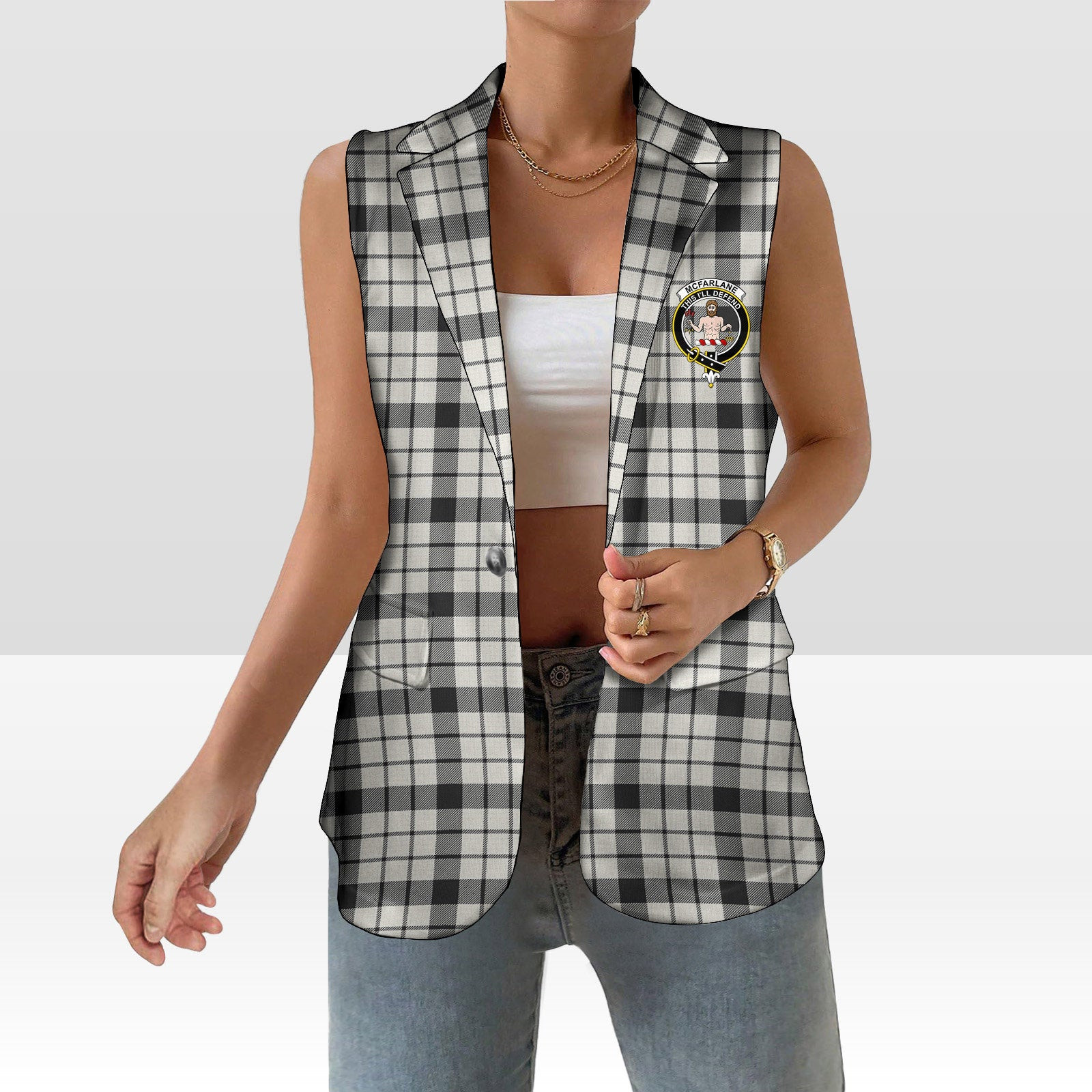 ScotsTee Shop Scottish McFarlane Black White Ancient Women's Tartan Sleeveless Blazer Suit Vest