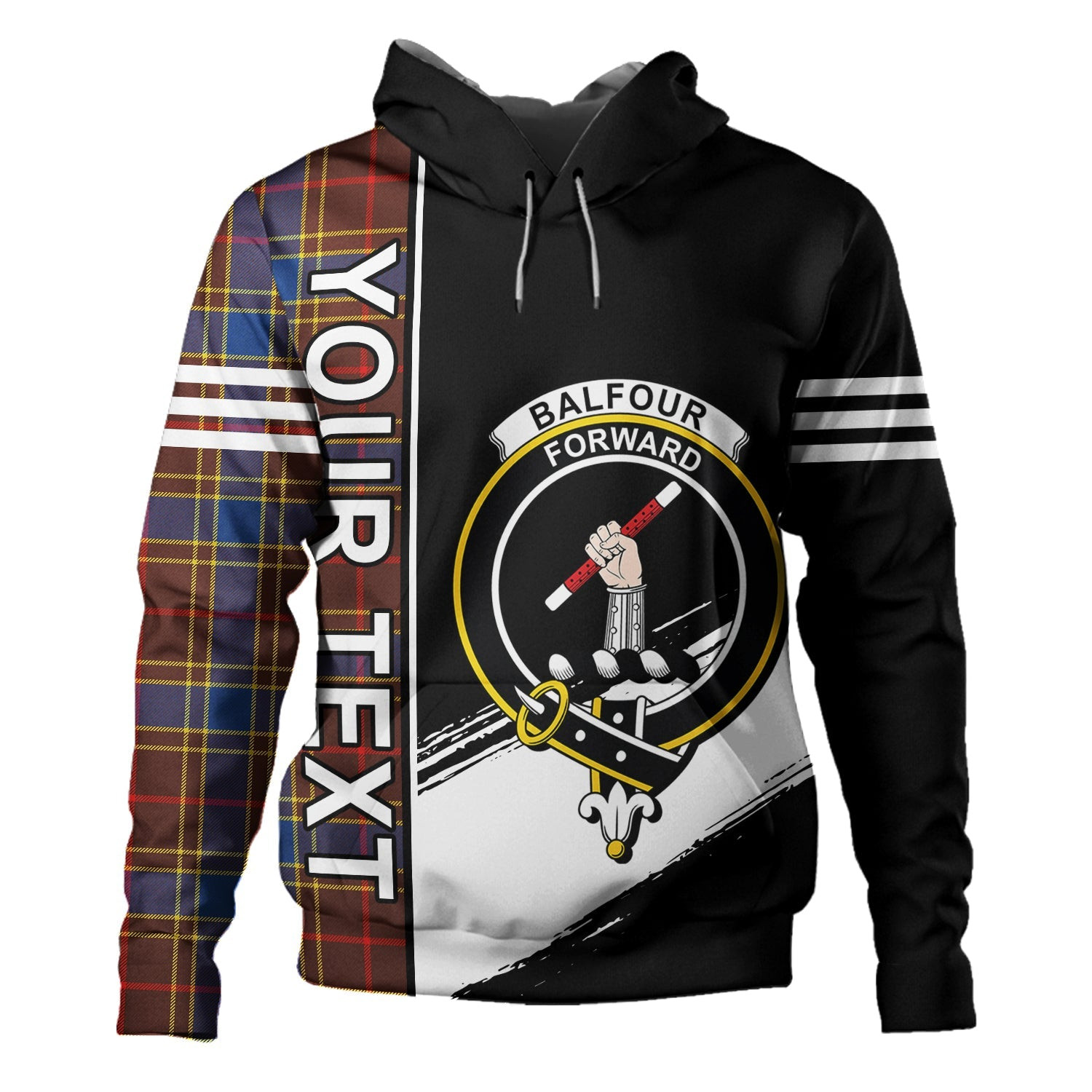 ScotsTee Shop Scottish Balfour Modern Clan Crest Tartan Hoodie Quarter Personalized