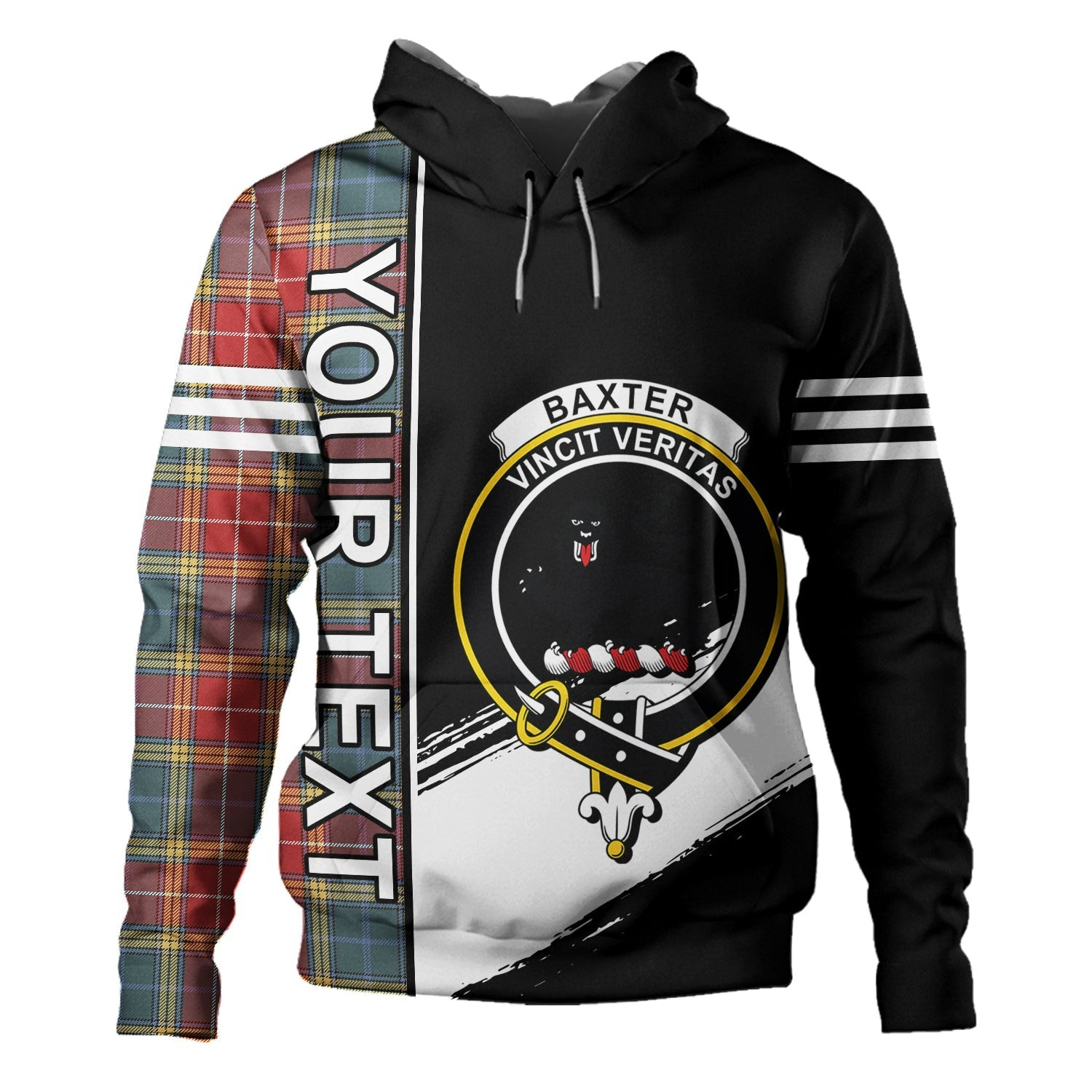 ScotsTee Shop Scottish Baxter of Balgavies Weathered Clan Crest Tartan Hoodie Quarter Personalized