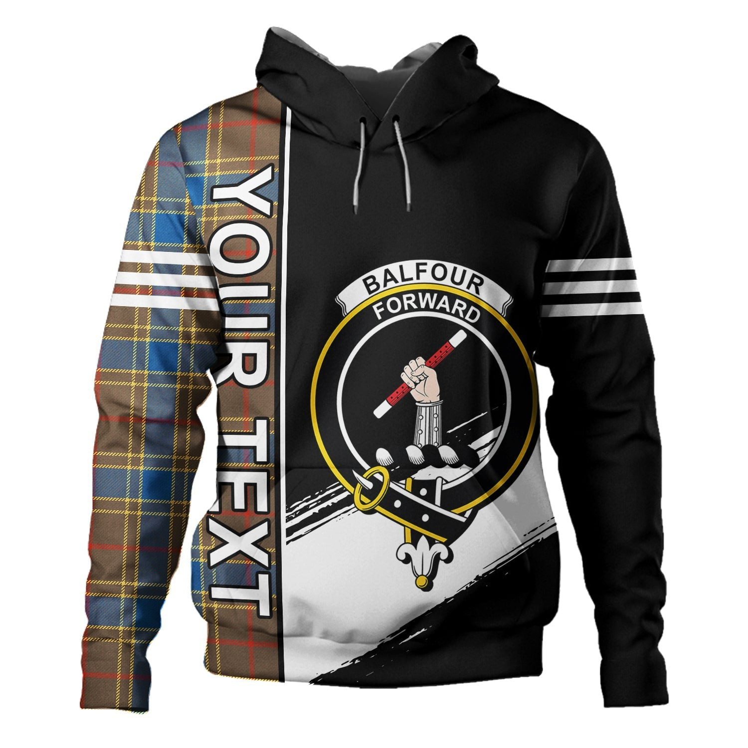 ScotsTee Shop Scottish Balfour Ancient Clan Crest Tartan Hoodie Quarter Personalized