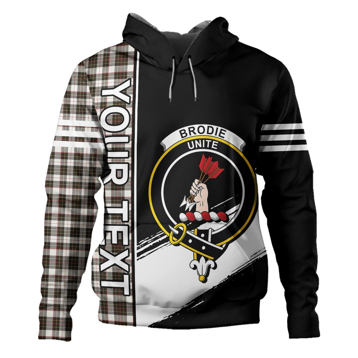 ScotsTee Shop Scottish Brodie Black & White Weathered Clan Crest Tartan Hoodie Quarter Personalized