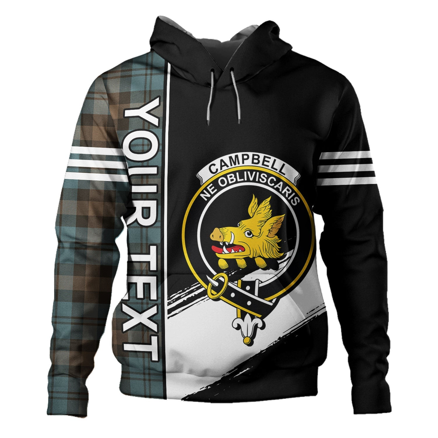 ScotsTee Shop Scottish Campbell of Glenlyon Weathered 2 Clan Crest Tartan Hoodie Quarter Personalized