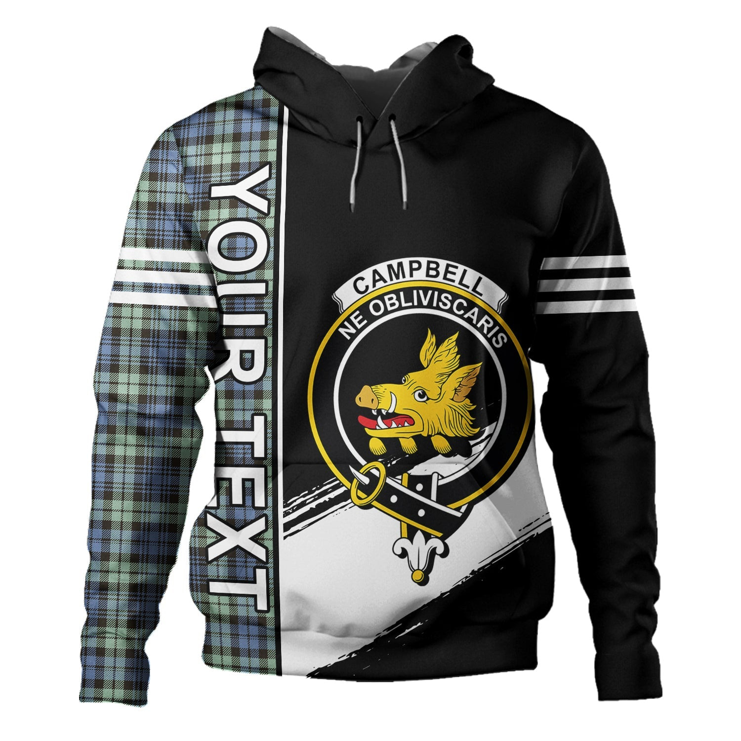 ScotsTee Shop Scottish Campbell of Inveraray Ancient 2 Clan Crest Tartan Hoodie Quarter Personalized