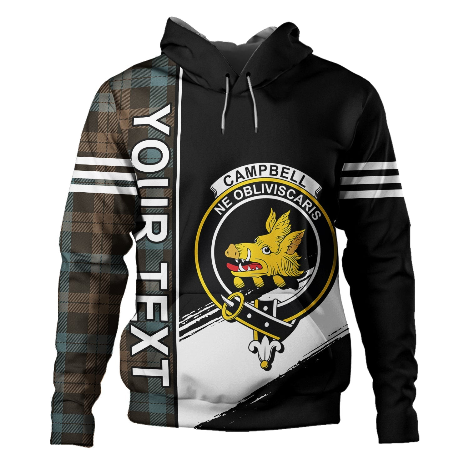 ScotsTee Shop Scottish Campbell of Lochawe Weathered 2 Clan Crest Tartan Hoodie Quarter Personalized