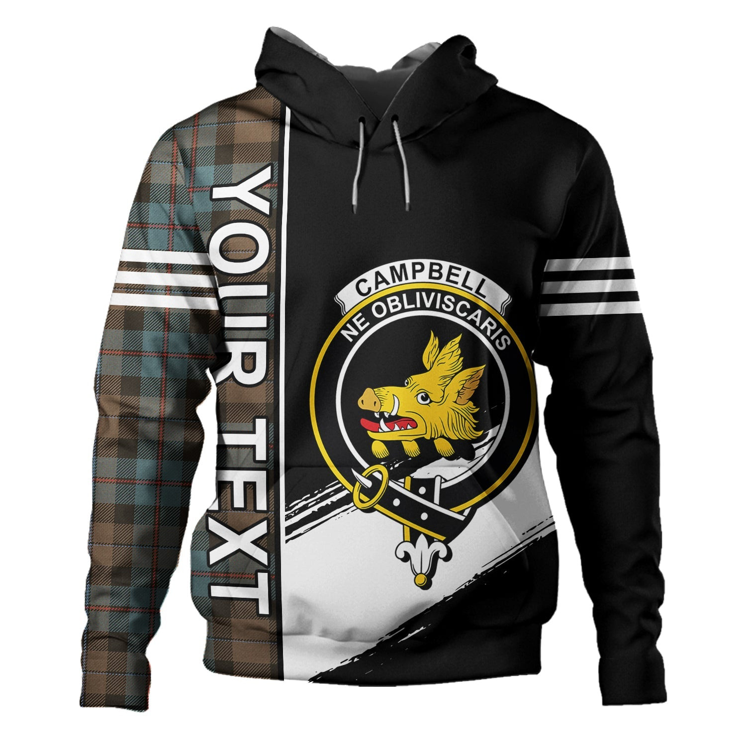 ScotsTee Shop Scottish Campbell of Cawdor Weathered 2 Clan Crest Tartan Hoodie Quarter Personalized