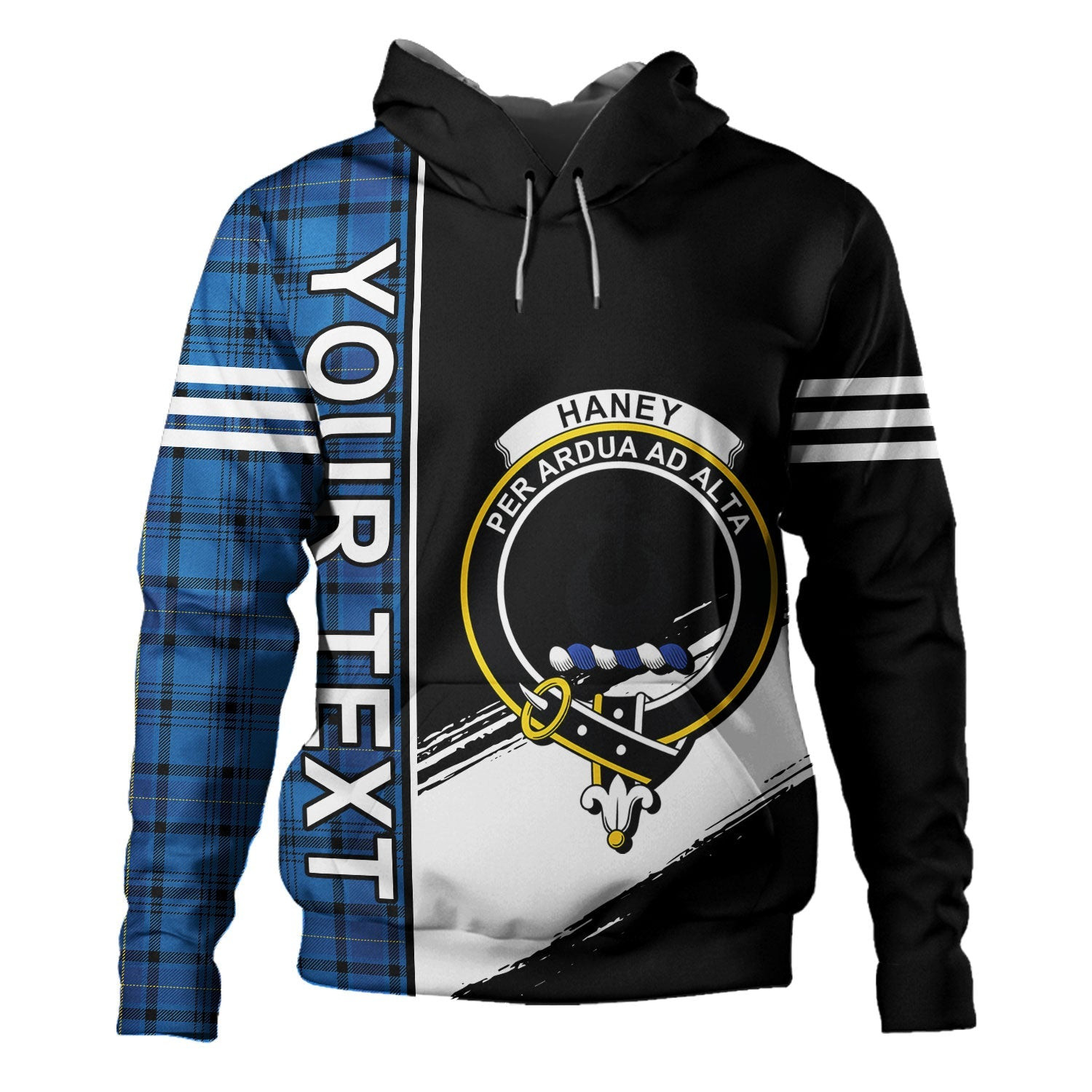 ScotsTee Shop Scottish Haney Blue Modern Clan Crest Tartan Hoodie Quarter Personalized