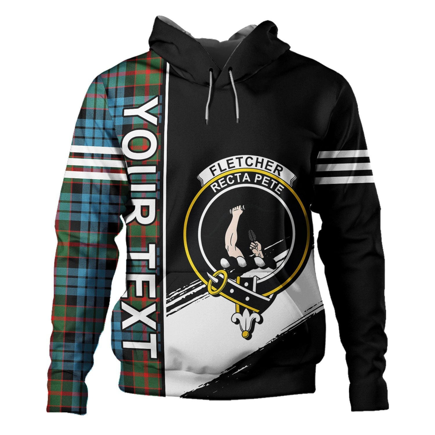 ScotsTee Shop Scottish Fletcher of Dunans Clan Crest Tartan Hoodie Quarter Personalized
