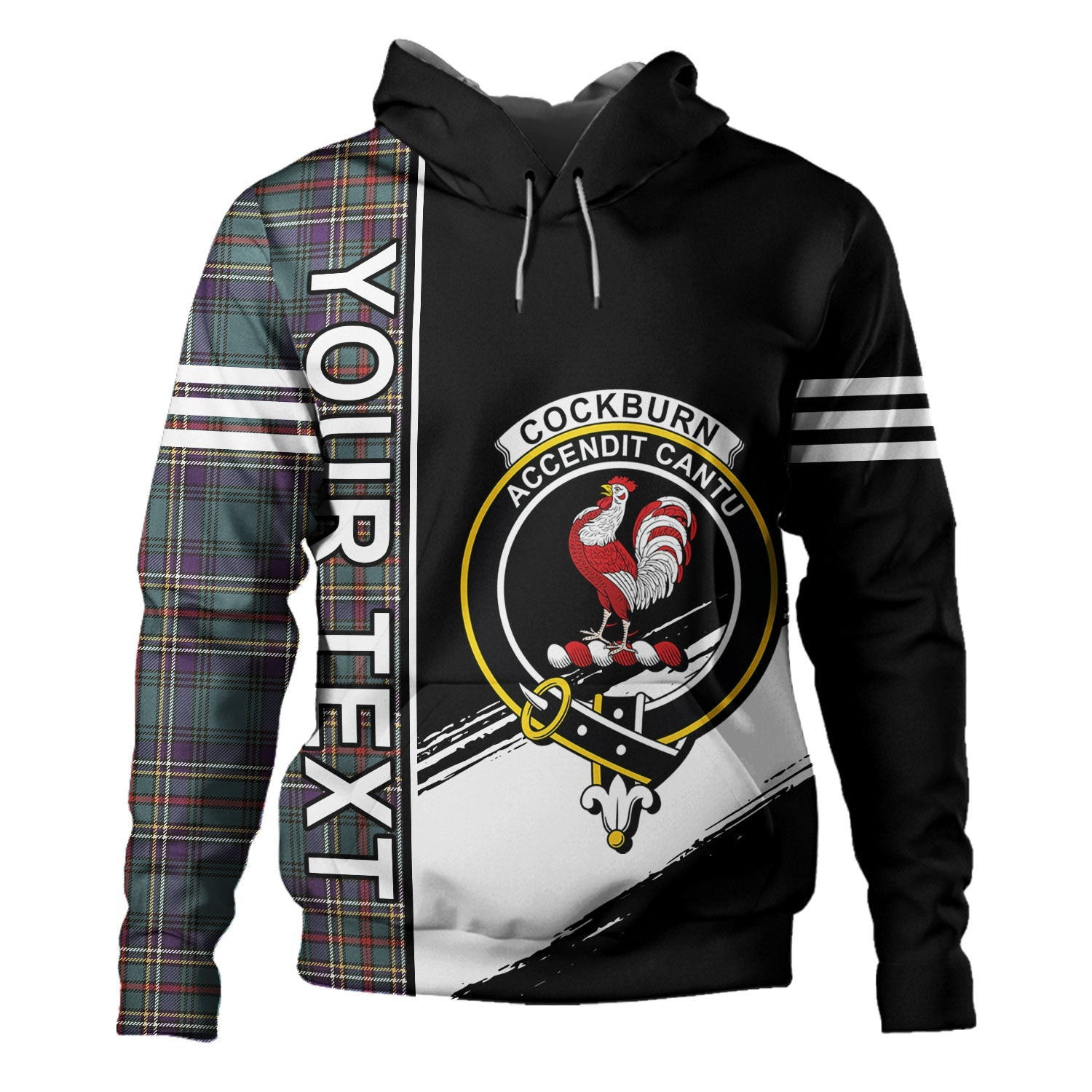 ScotsTee Shop Scottish Cockburn (Coburn) Weathered Clan Crest Tartan Hoodie Quarter Personalized