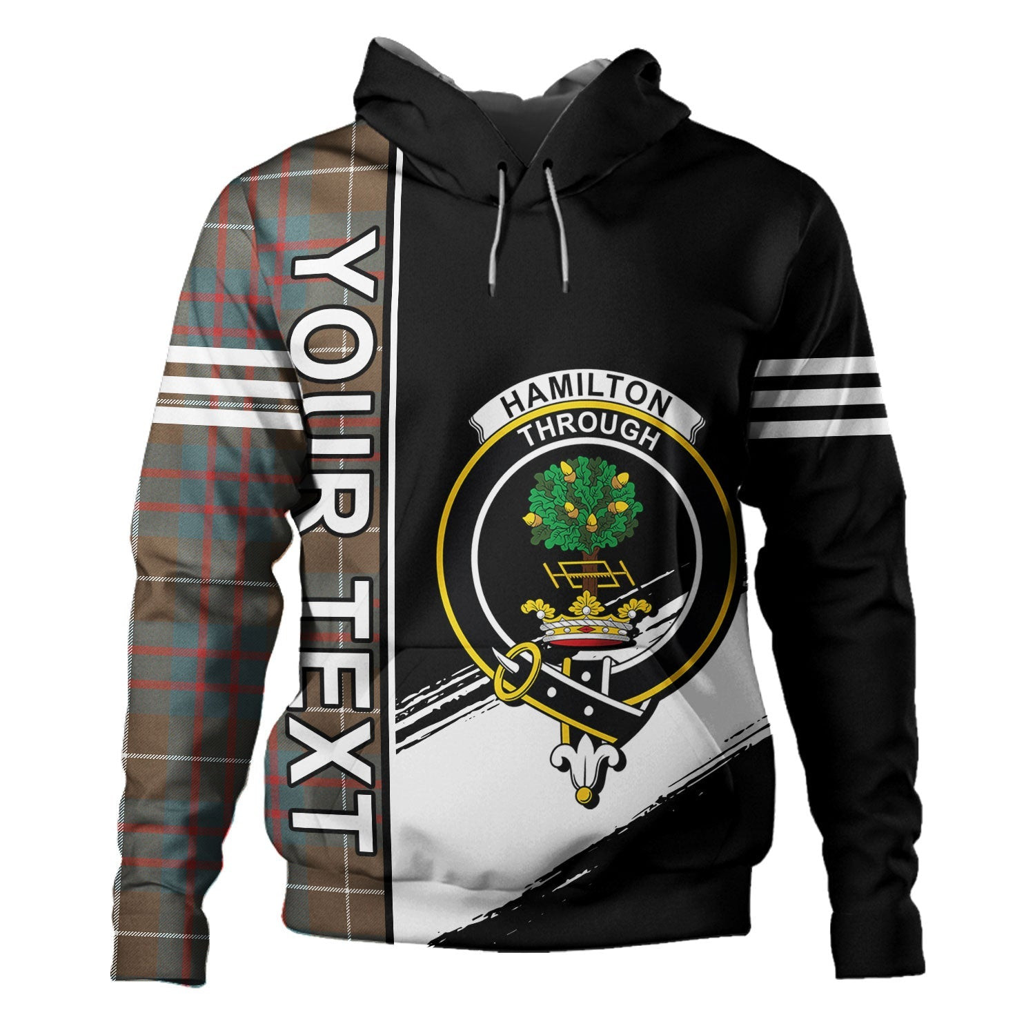 ScotsTee Shop Scottish Hamilton of Clayton Weathered Clan Crest Tartan Hoodie Quarter Personalized