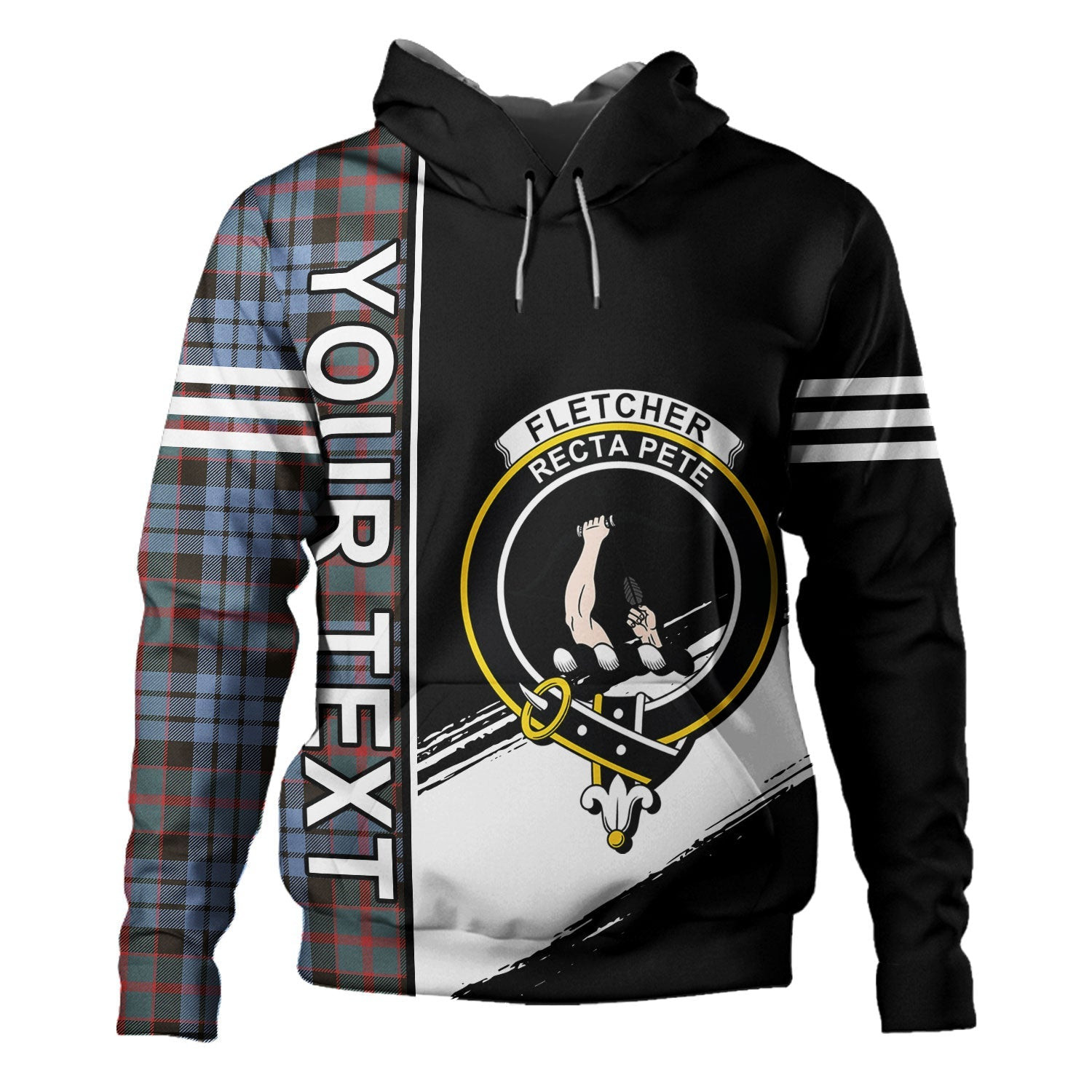 ScotsTee Shop Scottish Fletcher of Dunans Weathered Clan Crest Tartan Hoodie Quarter Personalized