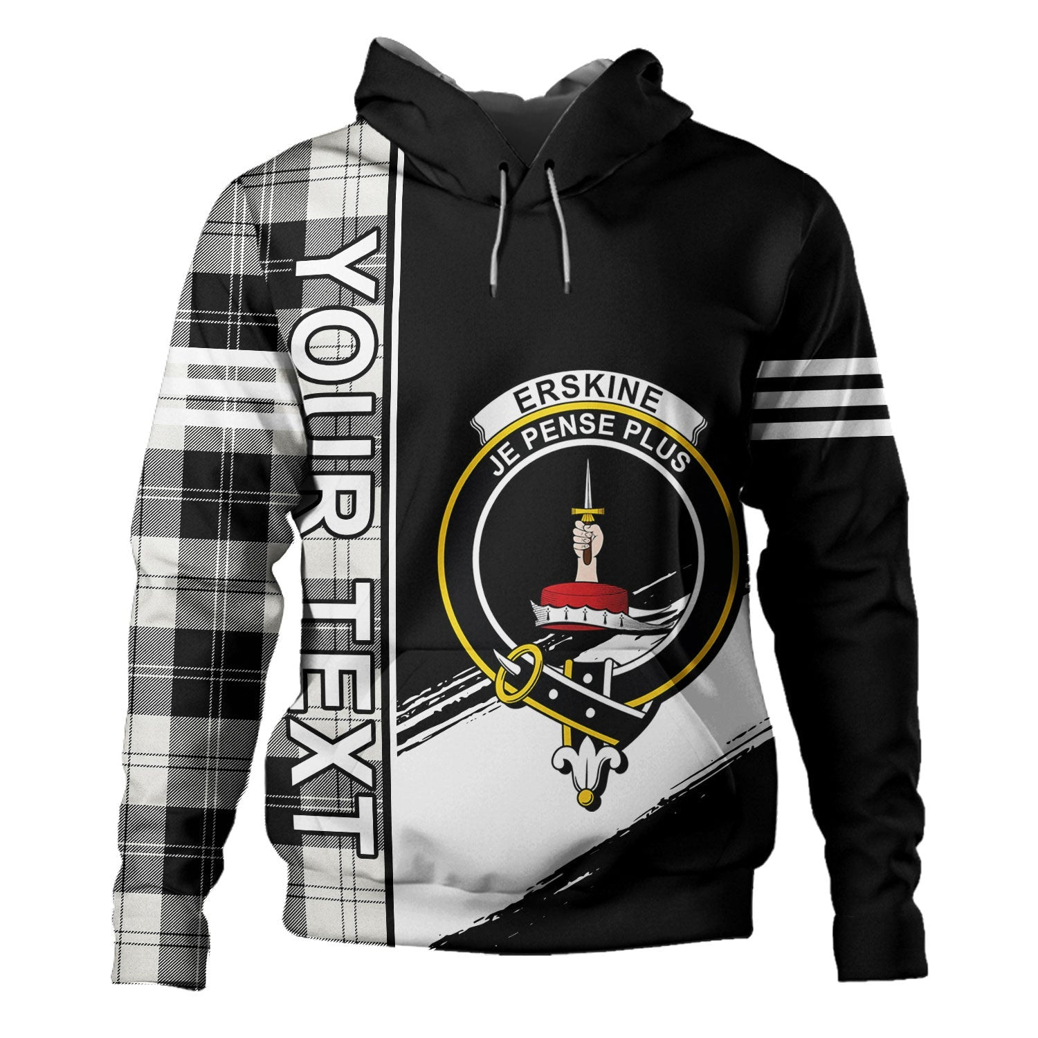 ScotsTee Shop Scottish Erskine Black & White Clan Crest Tartan Hoodie Quarter Personalized