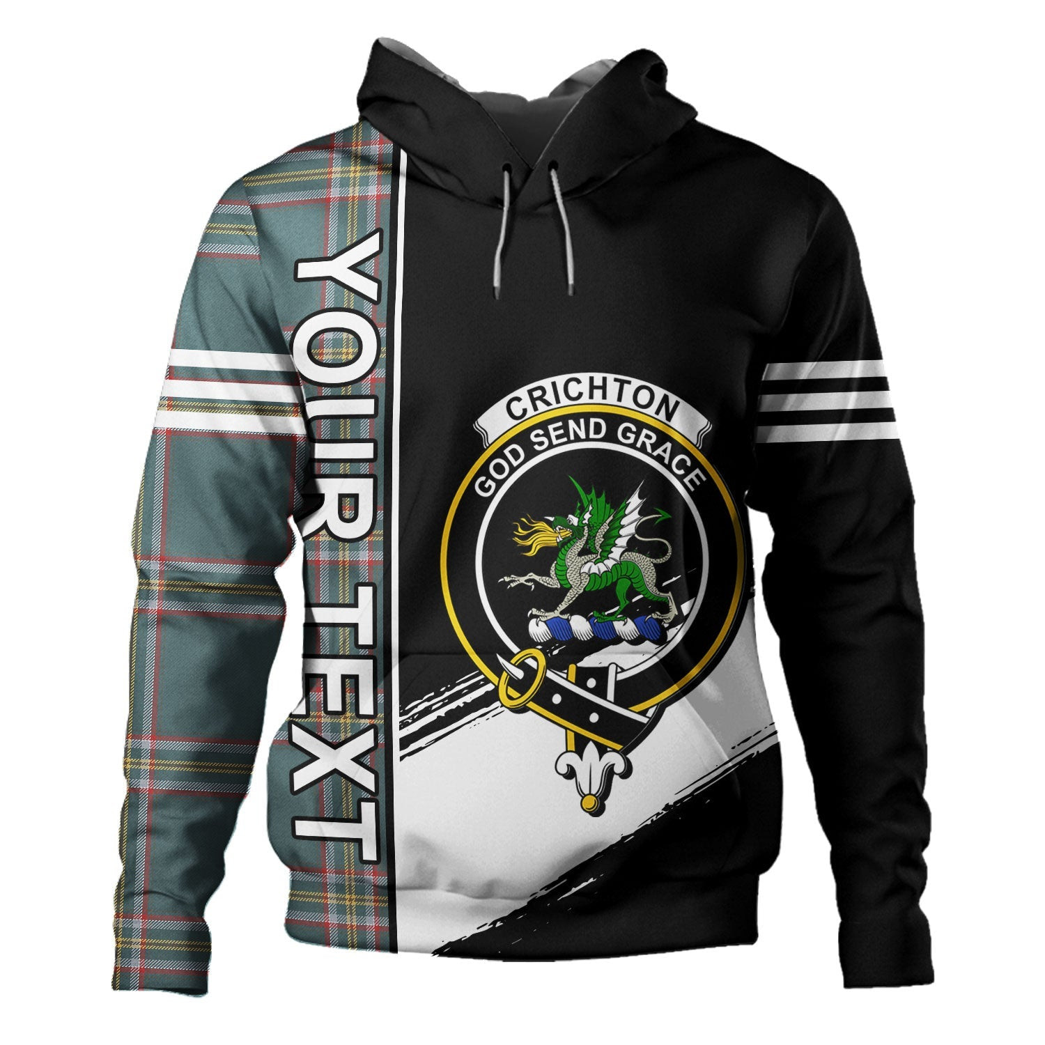 ScotsTee Shop Scottish Crichton (Creighton) Weathered Clan Crest Tartan Hoodie Quarter Personalized