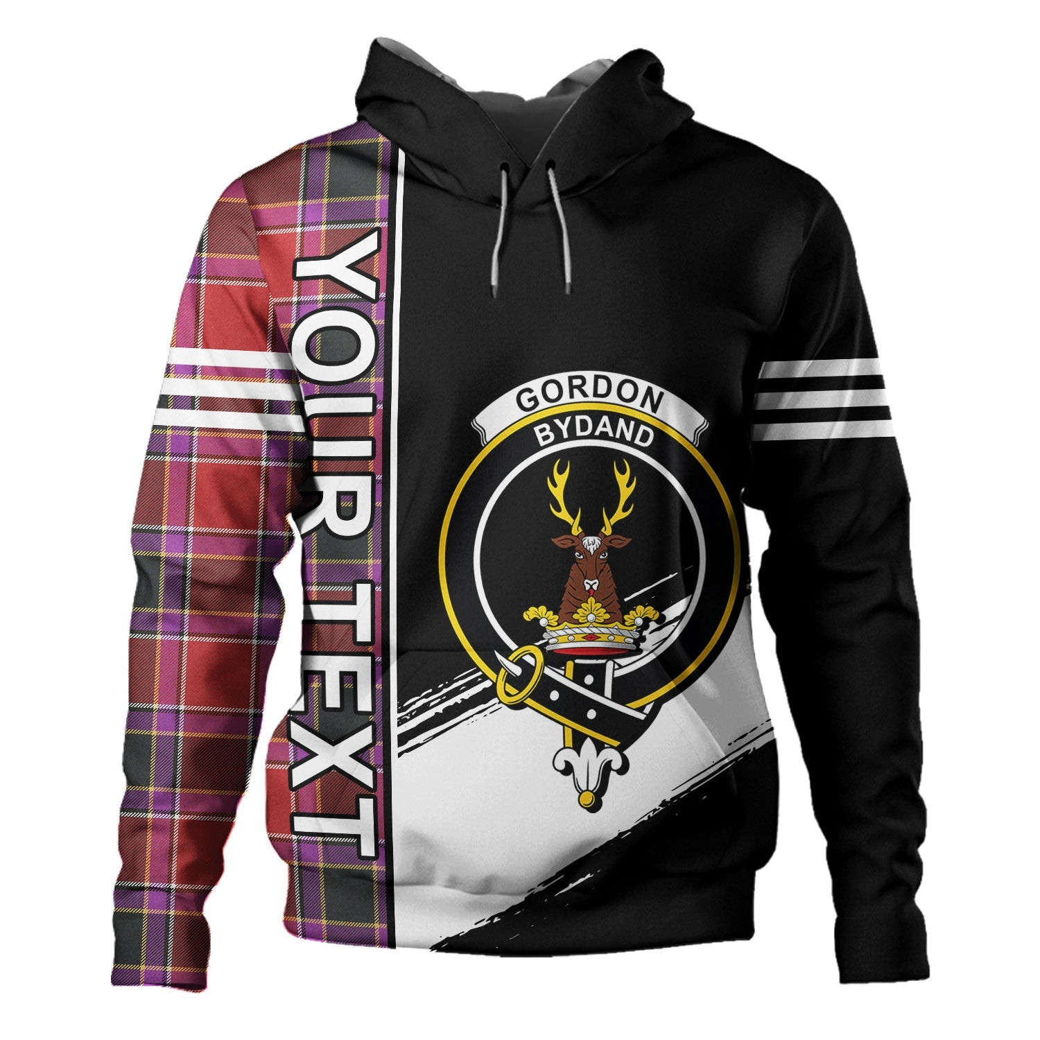 ScotsTee Shop Scottish Gordon of Abergeldie Weathered Clan Crest Tartan Hoodie Quarter Personalized