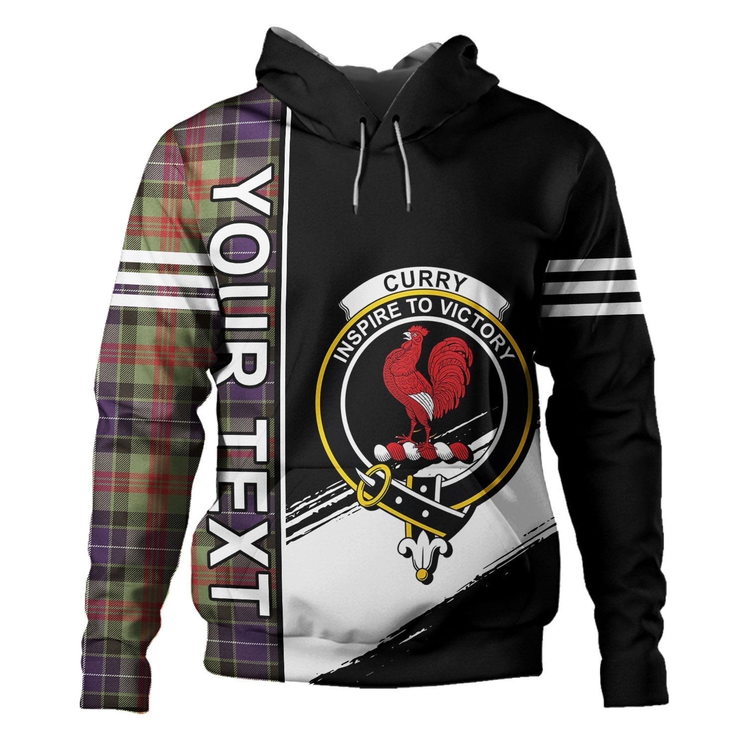 ScotsTee Shop Scottish Curry (Currie) Weathered Clan Crest Tartan Hoodie Quarter Personalized