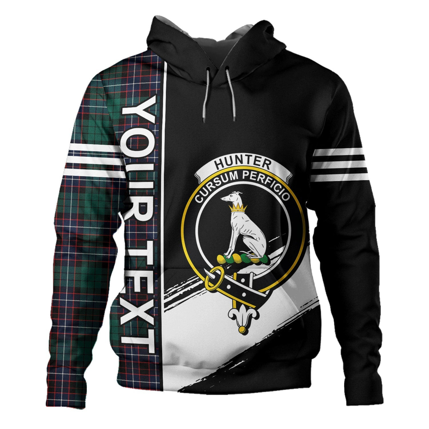 ScotsTee Shop Scottish Hunter of Peebleshire Modern Clan Crest Tartan Hoodie Quarter Personalized