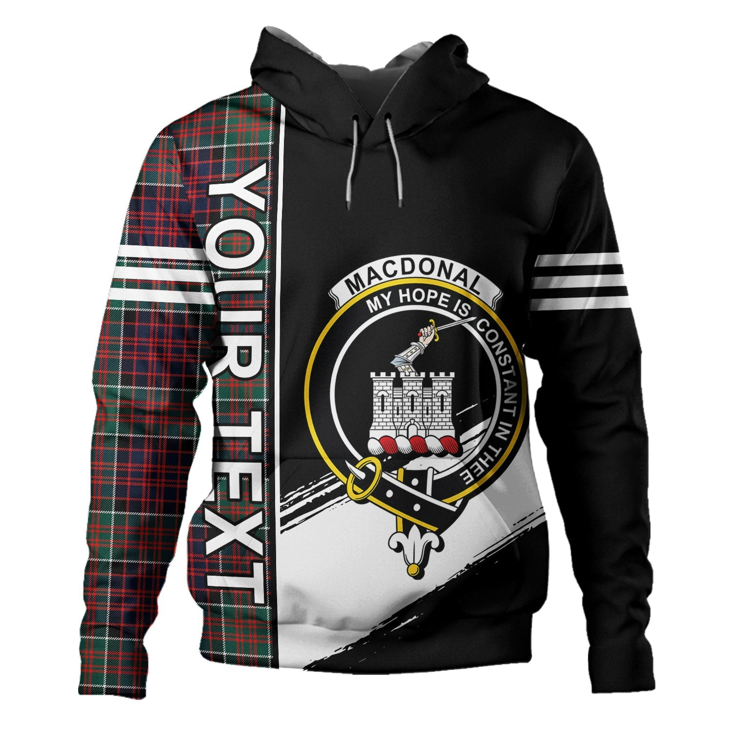ScotsTee Shop Scottish MacDonald of Clanranald Modern Clan Crest Tartan Hoodie Quarter Personalized