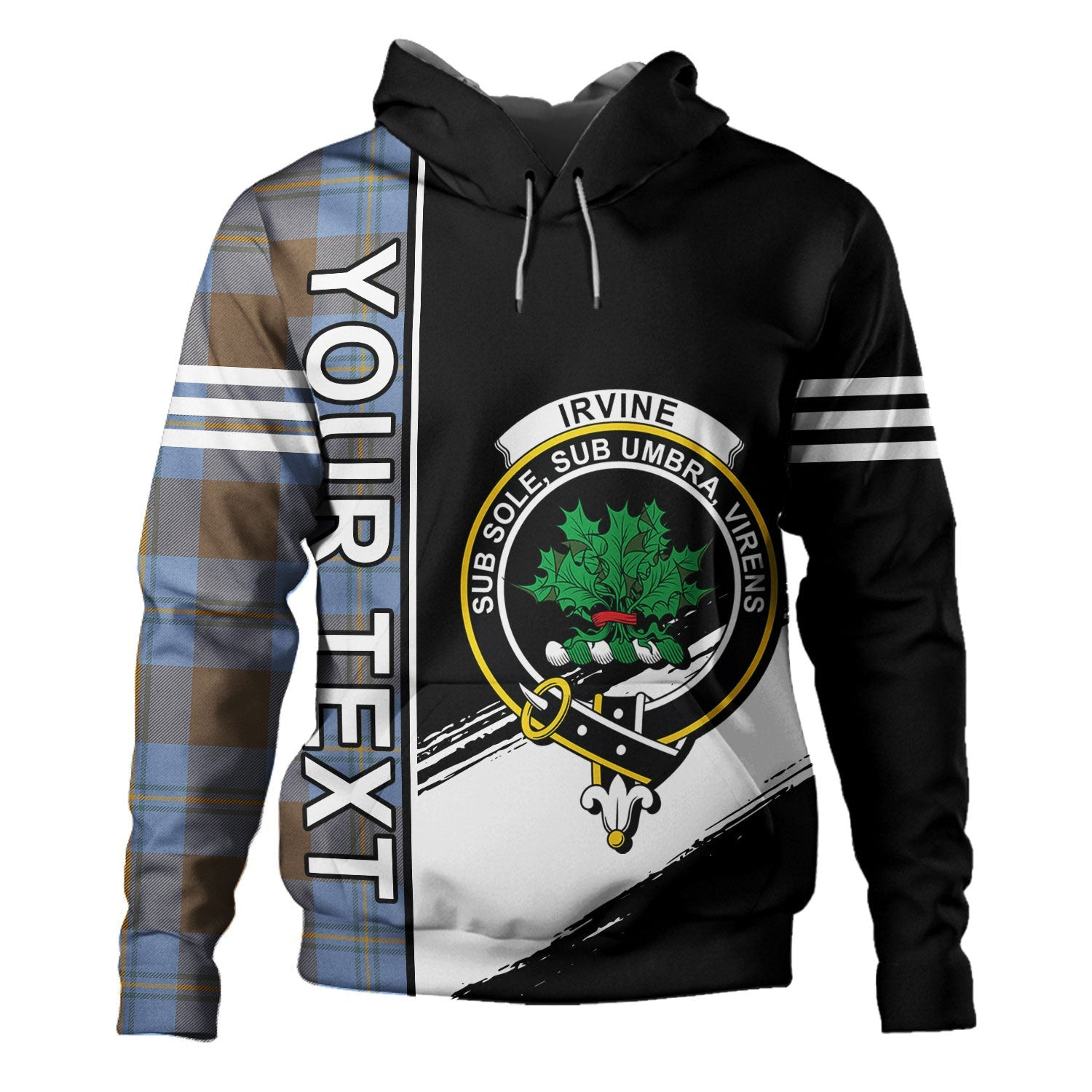 ScotsTee Shop Scottish Irvine of Bonshaw Weathered Clan Crest Tartan Hoodie Quarter Personalized