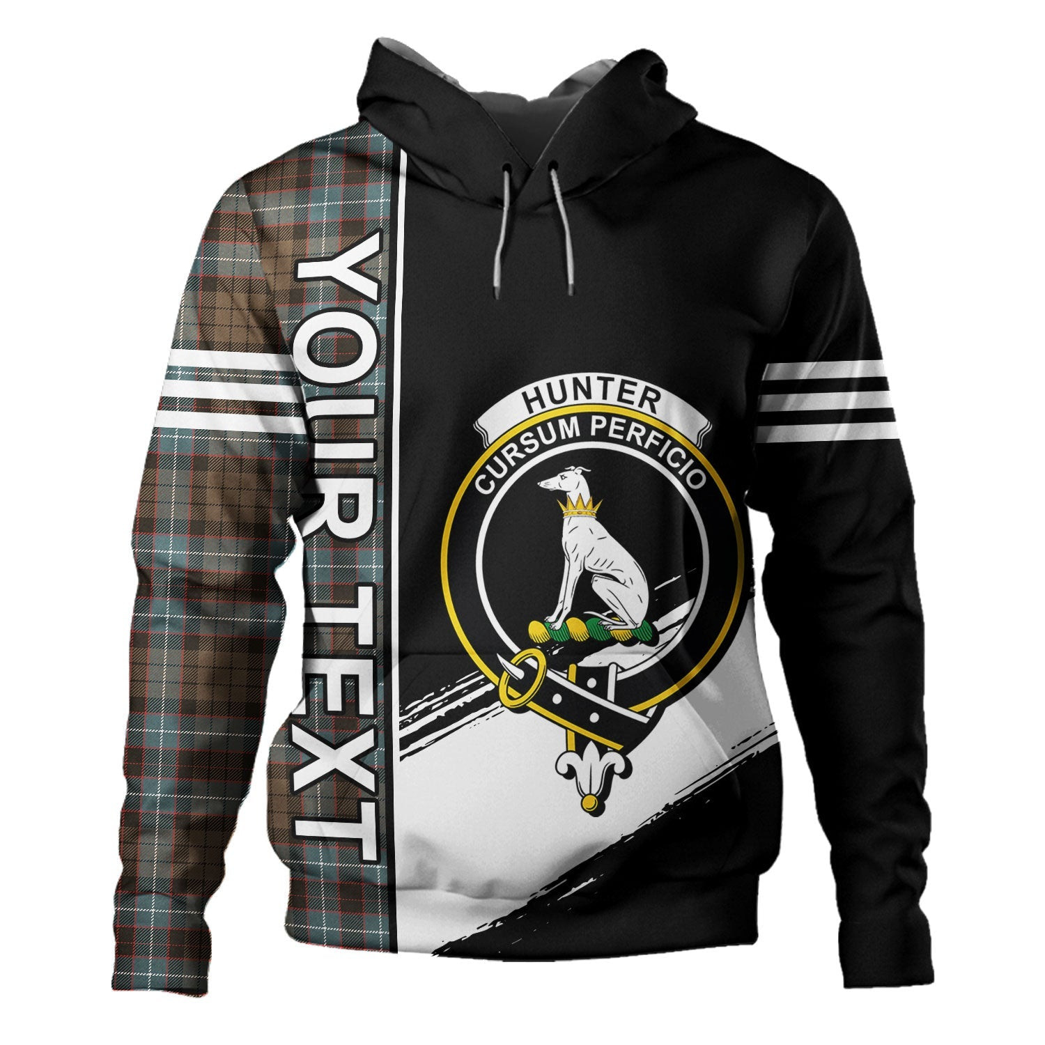 ScotsTee Shop Scottish Hunter of Peebleshire Weathered Clan Crest Tartan Hoodie Quarter Personalized