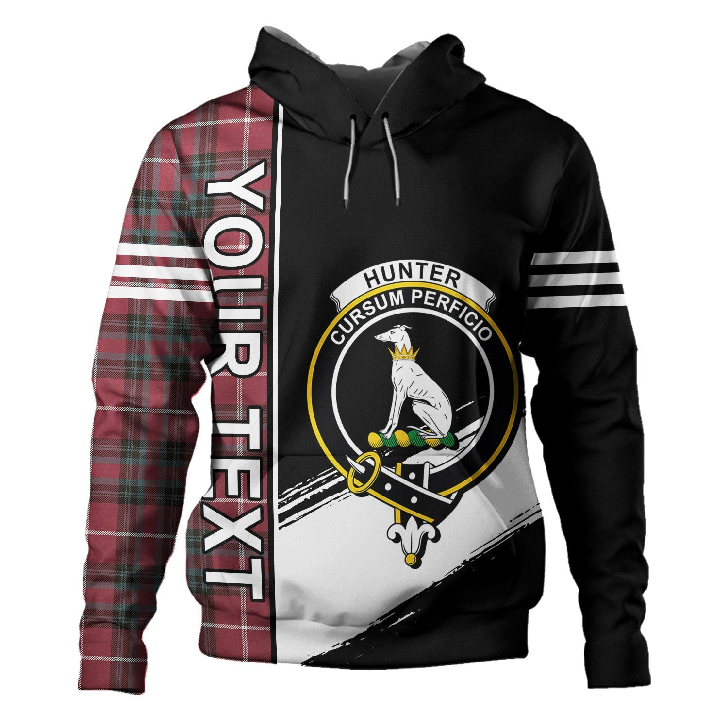 ScotsTee Shop Scottish Hunter of Bute (Hunter Maroon) Weathered Clan Crest Tartan Hoodie Quarter Personalized