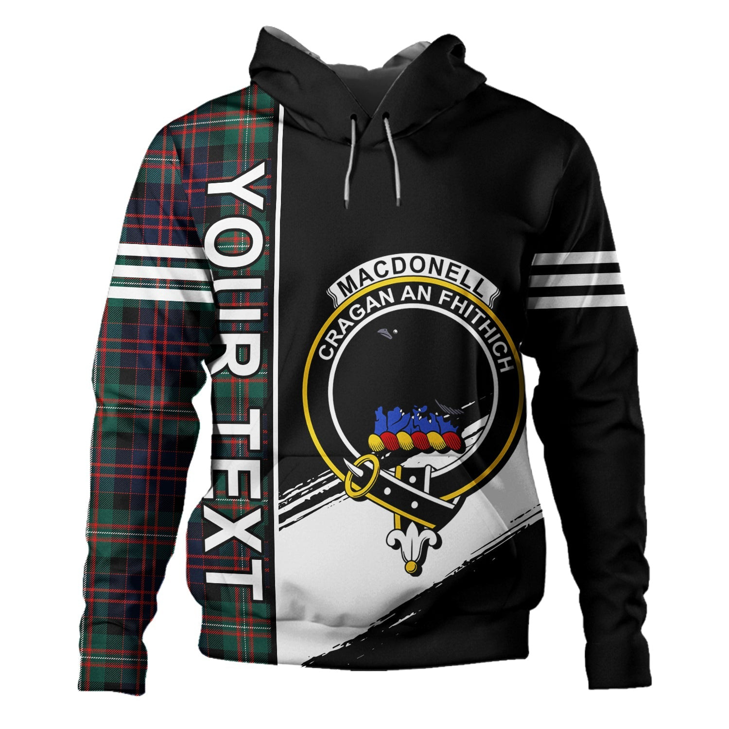 ScotsTee Shop Scottish MacDonell of Glengarry Modern Clan Crest Tartan Hoodie Quarter Personalized
