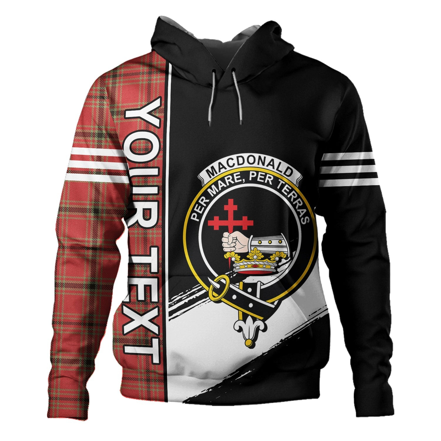 ScotsTee Shop Scottish MacDonald of Belfinlay Weathered Clan Crest Tartan Hoodie Quarter Personalized