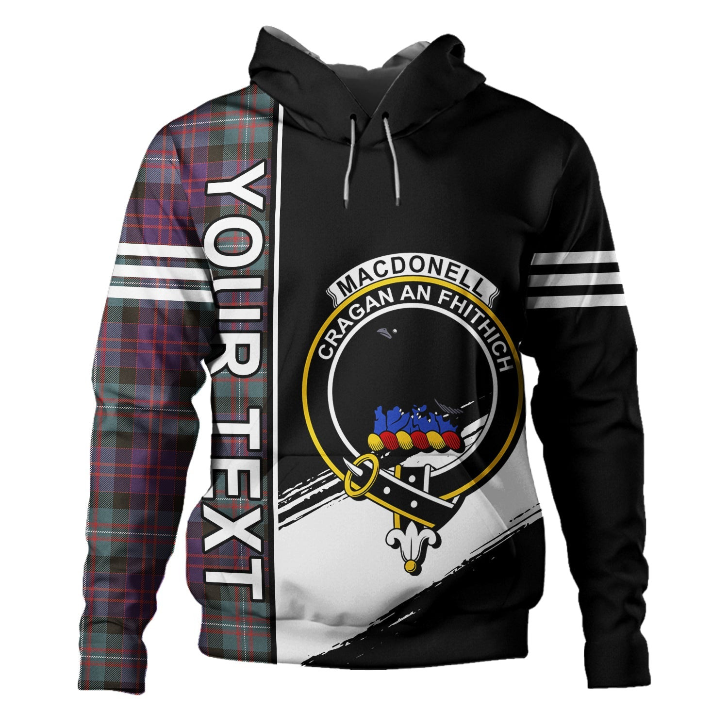 ScotsTee Shop Scottish MacDonell of Glengarry Weathered Clan Crest Tartan Hoodie Quarter Personalized