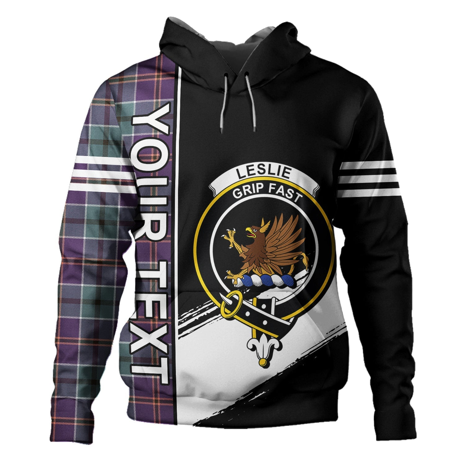 ScotsTee Shop Scottish Leslie of the Hebrides Weathered Clan Crest Tartan Hoodie Quarter Personalized