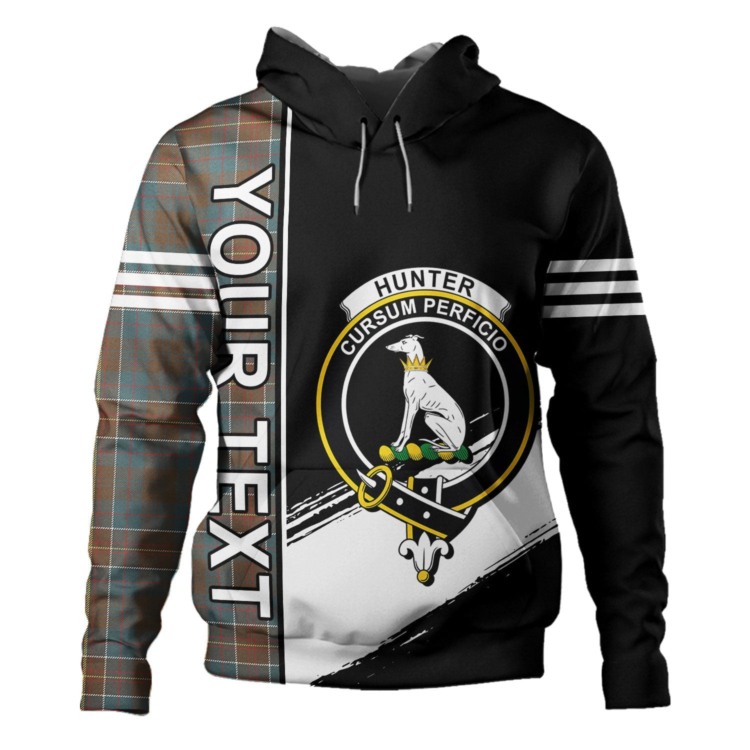 ScotsTee Shop Scottish Hunter of Hunterston (Michael of Hunterston) Weathered Clan Crest Tartan Hoodie Quarter Personalized