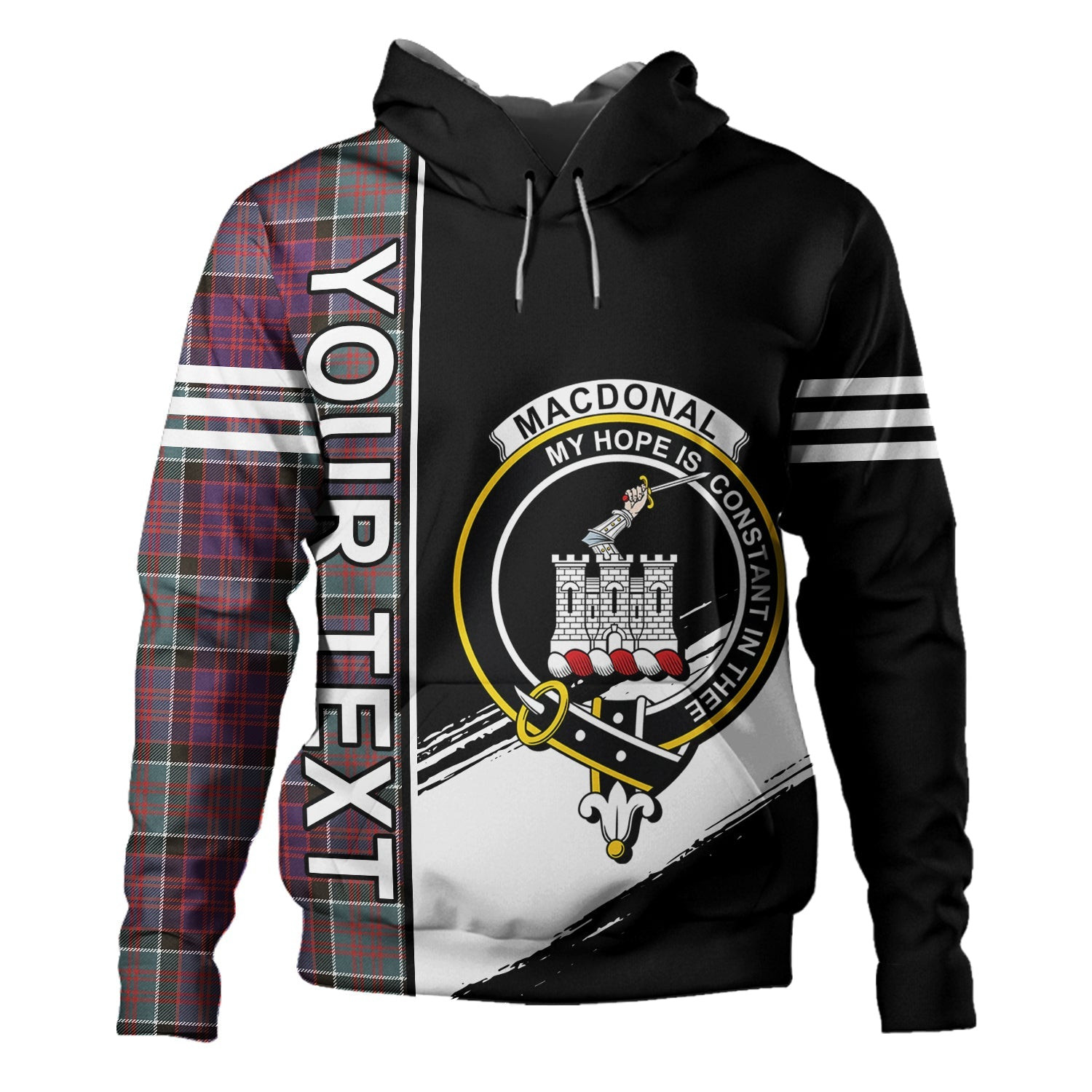 ScotsTee Shop Scottish MacDonald of Clanranald Weathered Clan Crest Tartan Hoodie Quarter Personalized