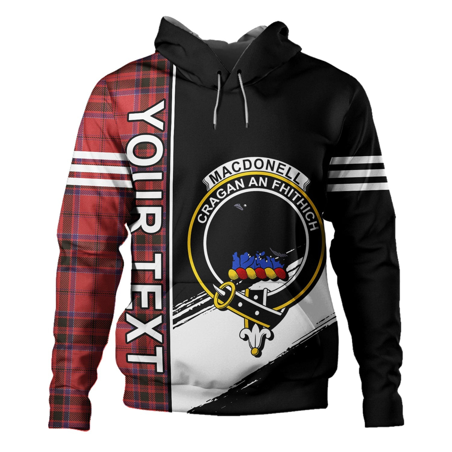 ScotsTee Shop Scottish MacDonell of Keppoch Weathered Clan Crest Tartan Hoodie Quarter Personalized