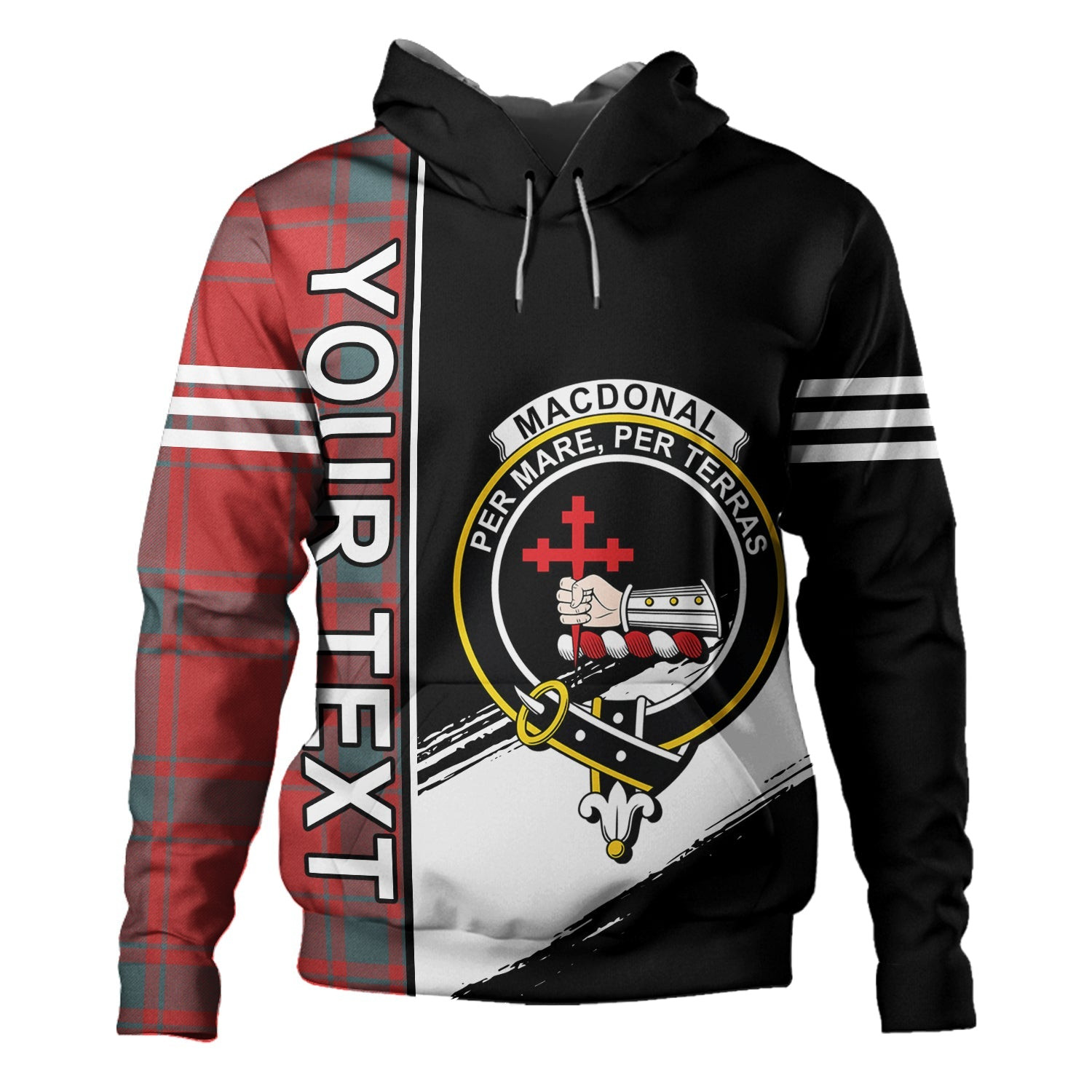 ScotsTee Shop Scottish MacDonald of Sleat (Donald Lord MacDonald) Weathered Clan Crest Tartan Hoodie Quarter Personalized