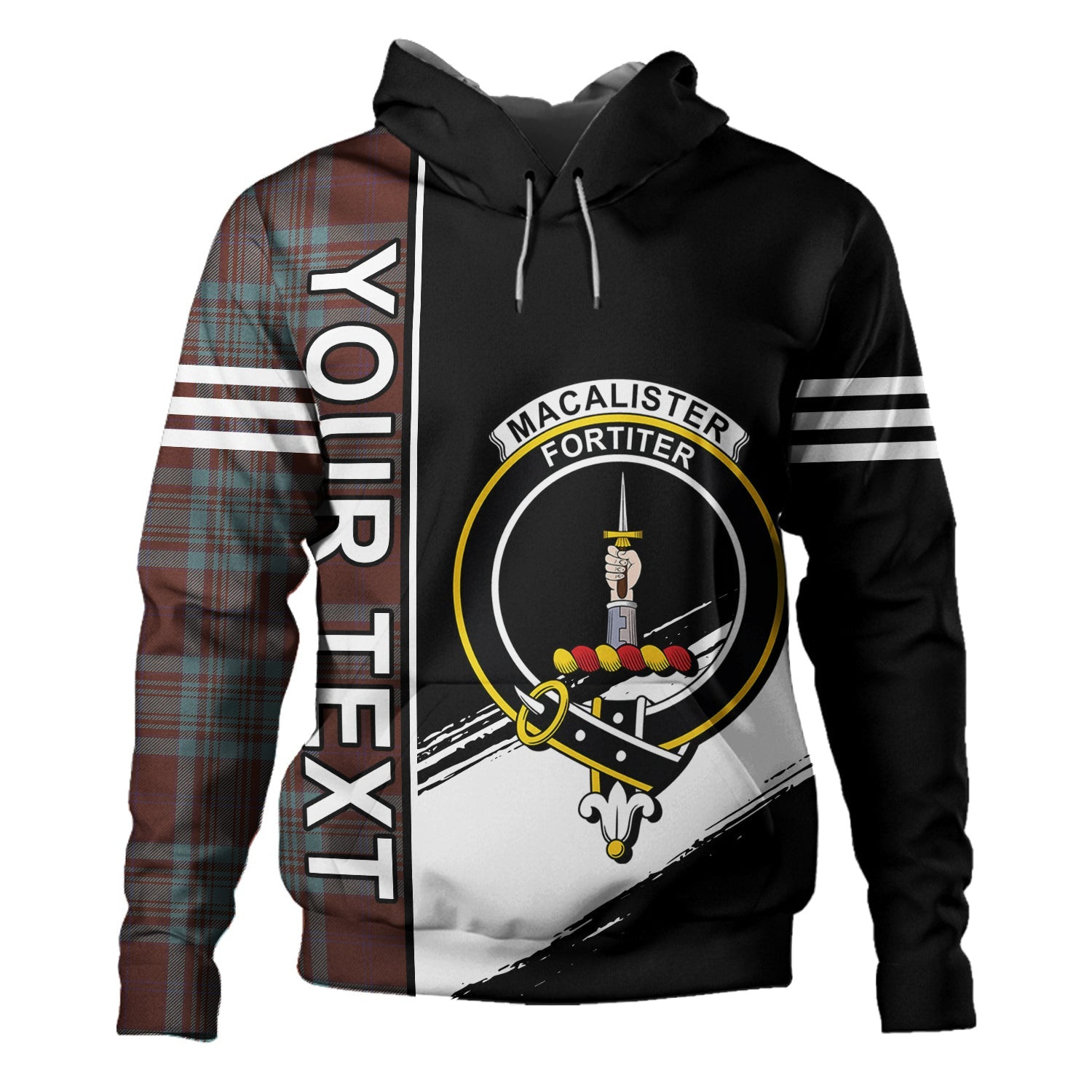 ScotsTee Shop Scottish MacAlister of Glenbarr Hunting (MacAlister of Glenbarr; Hunting) Weathered Clan Crest Tartan Hoodie Quarter Personalized