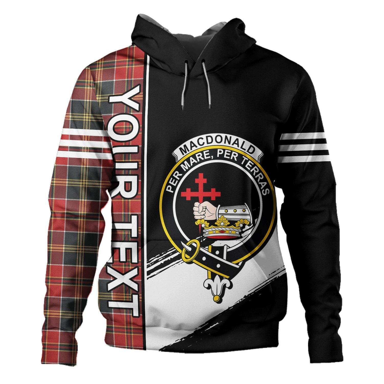 ScotsTee Shop Scottish MacDonald of Kingsburgh (Donald of Kingsburgh) Weathered Clan Crest Tartan Hoodie Quarter Personalized
