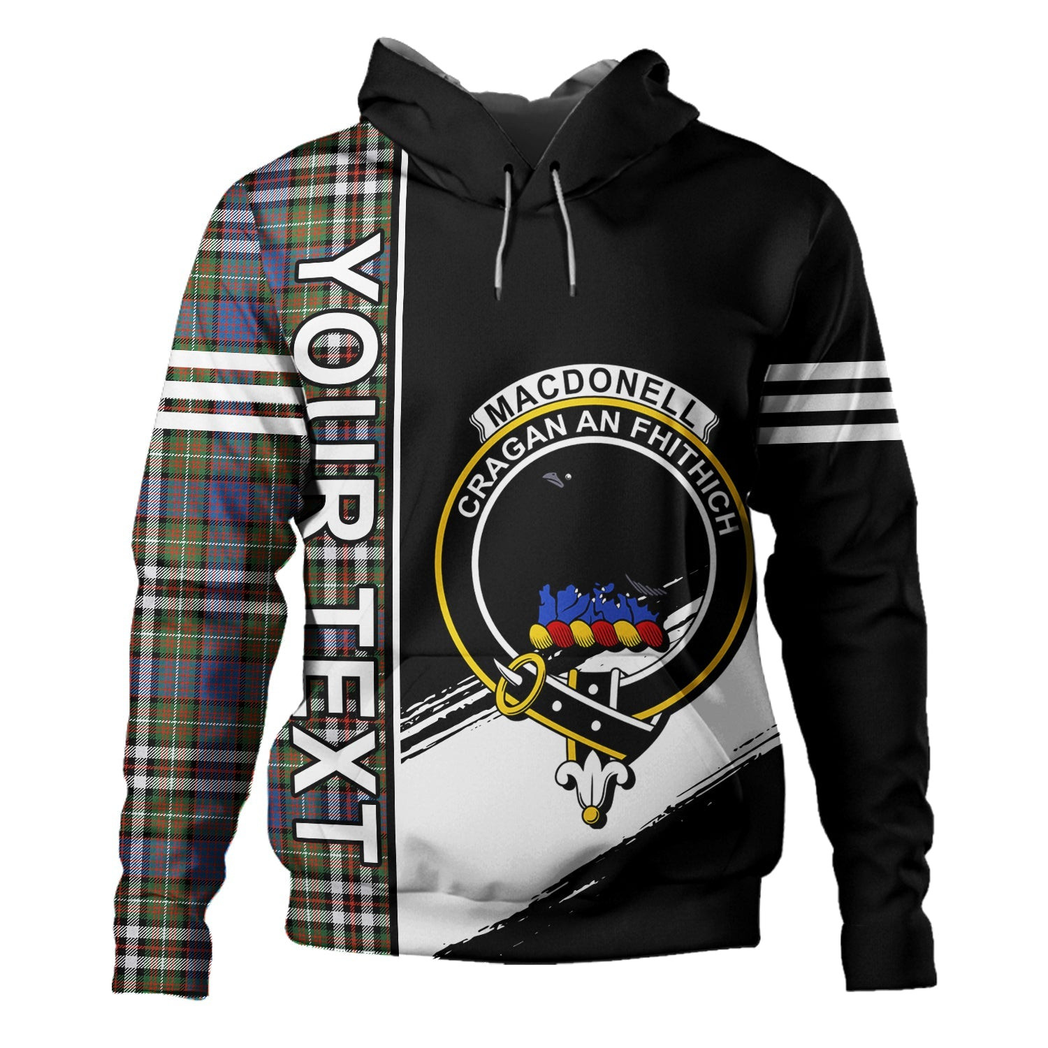 ScotsTee Shop Scottish MacDonell of Glengarry Dress Weathered Clan Crest Tartan Hoodie Quarter Personalized