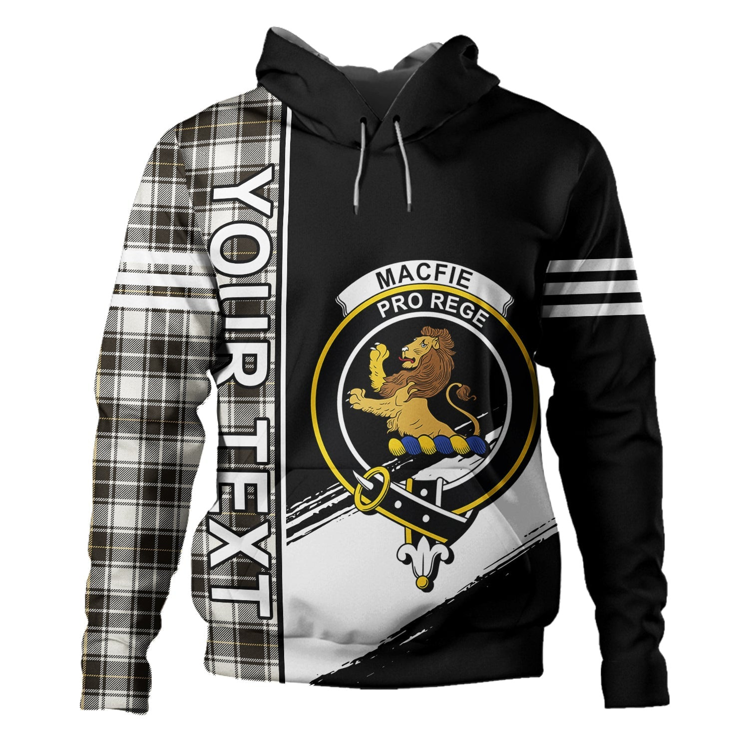 ScotsTee Shop Scottish MacFie of Colonsay Dress (MacPhee of Colonsay Dress) Weathered Clan Crest Tartan Hoodie Quarter Personalized
