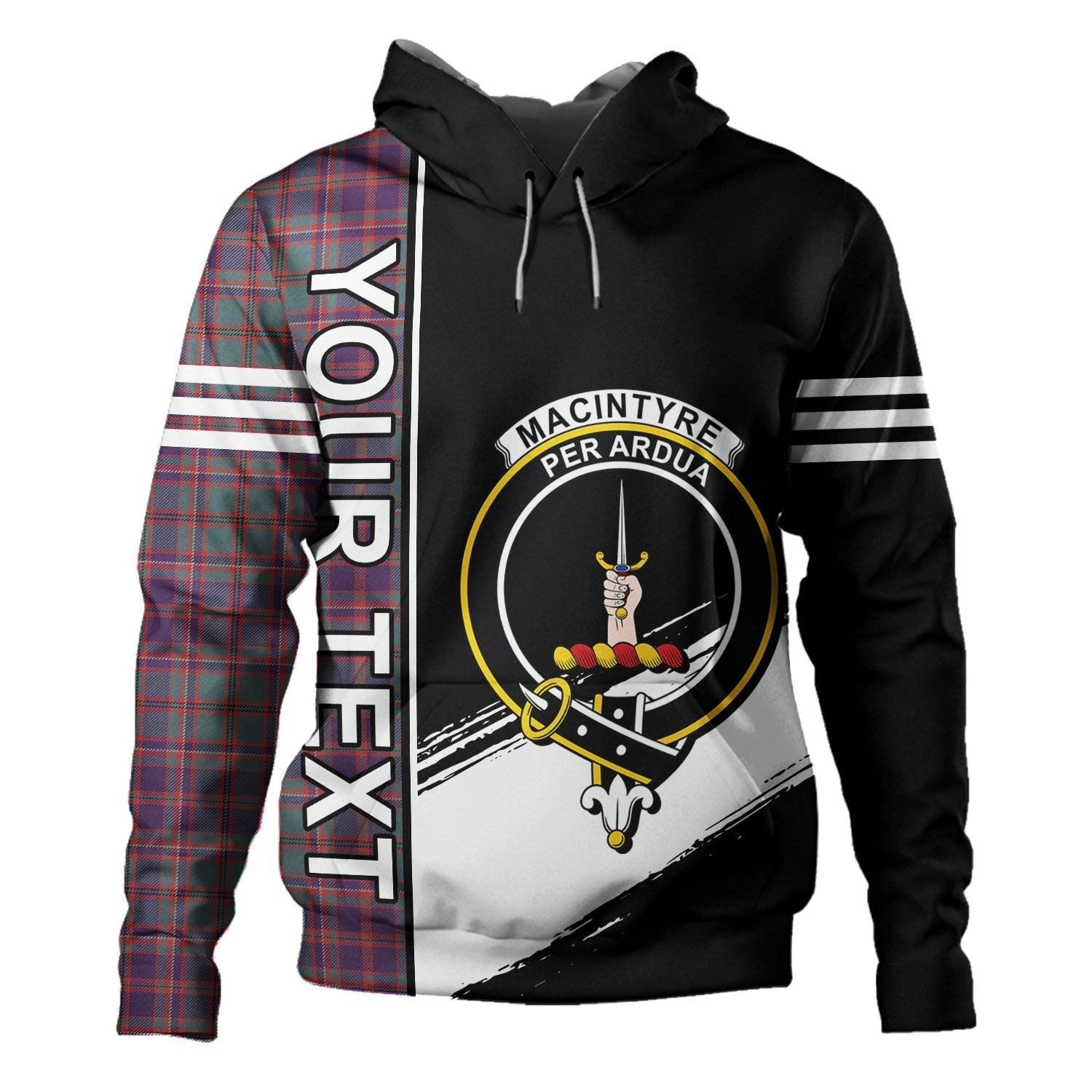ScotsTee Shop Scottish MacIntyre of Glenorchy Weathered Clan Crest Tartan Hoodie Quarter Personalized