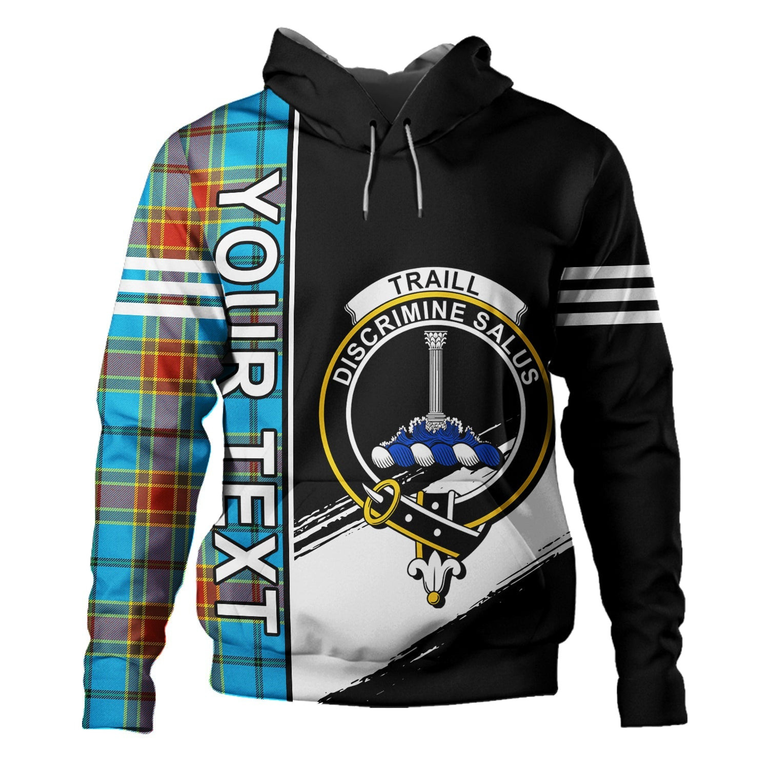 ScotsTee Shop Scottish Traill (Trayle) Weathered Clan Crest Tartan Hoodie Quarter Personalized