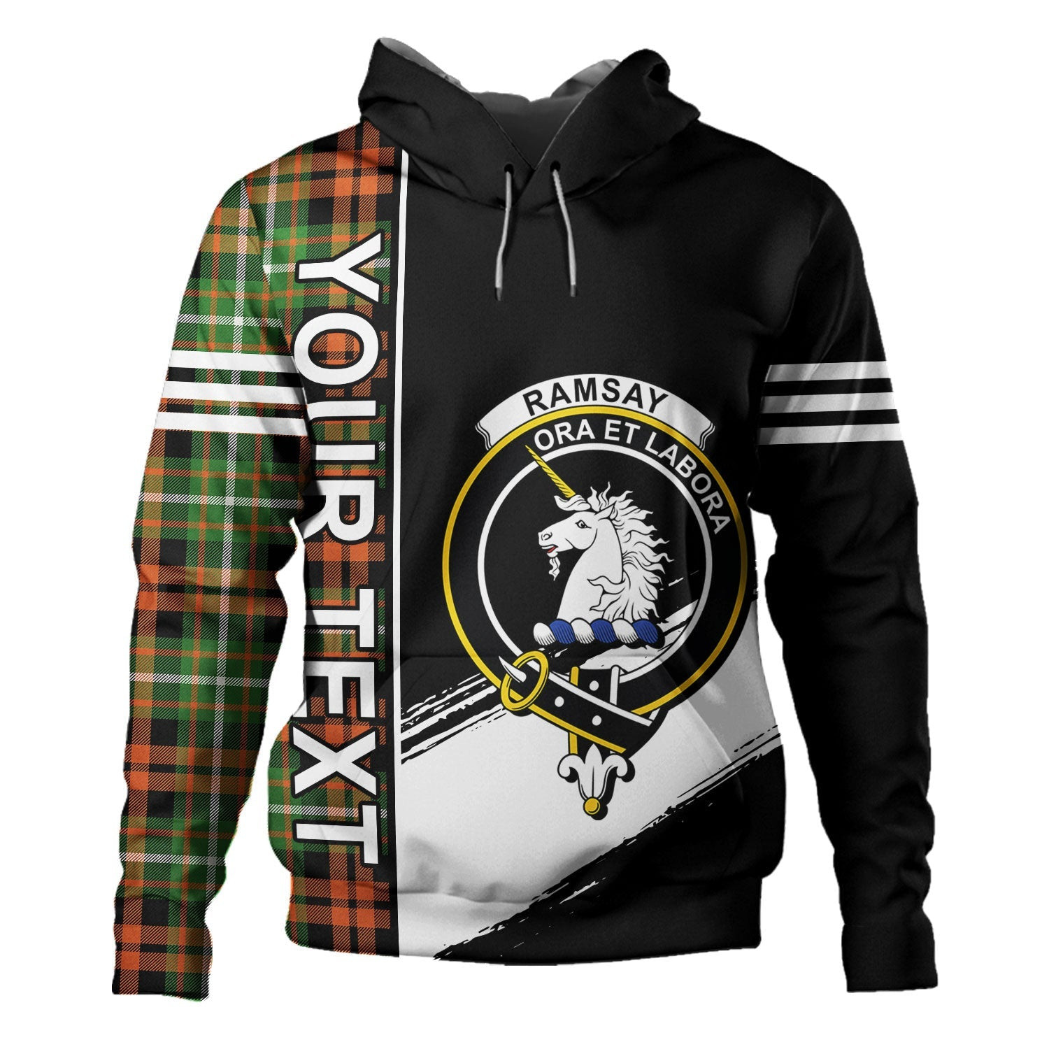 ScotsTee Shop Scottish Ramsay Orange Ancient Clan Crest Tartan Hoodie Quarter Personalized