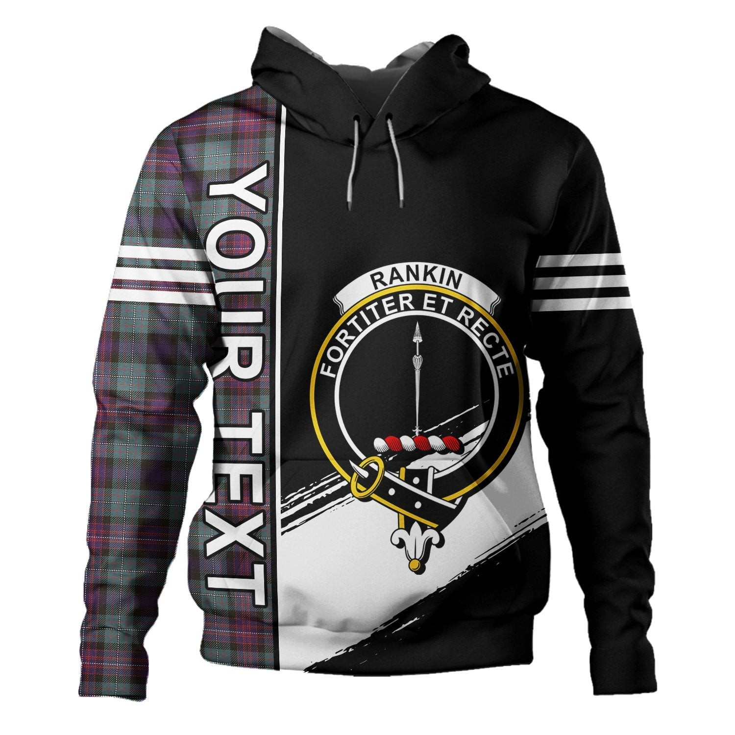 ScotsTee Shop Scottish Rankin (Dalgliesh) Weathered Clan Crest Tartan Hoodie Quarter Personalized