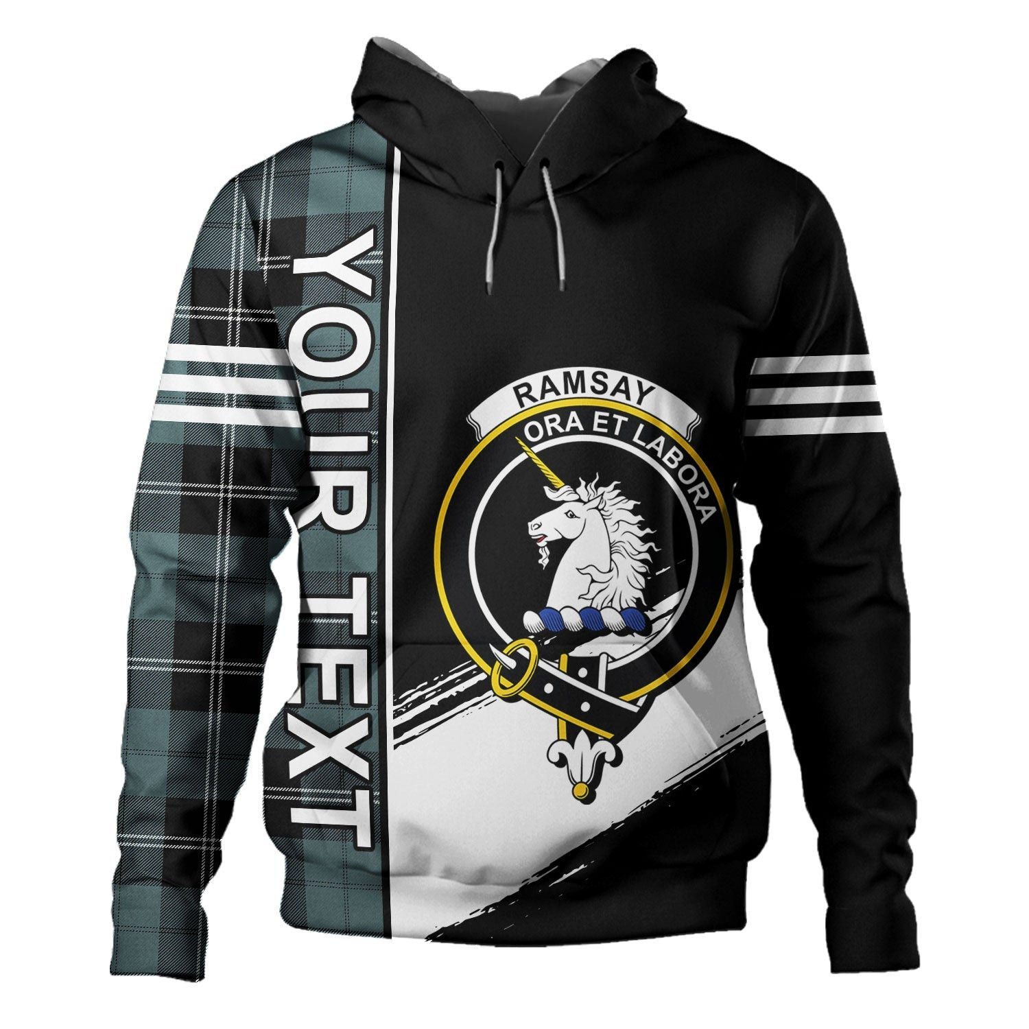 ScotsTee Shop Scottish Ramsay Blue Weathered Clan Crest Tartan Hoodie Quarter Personalized