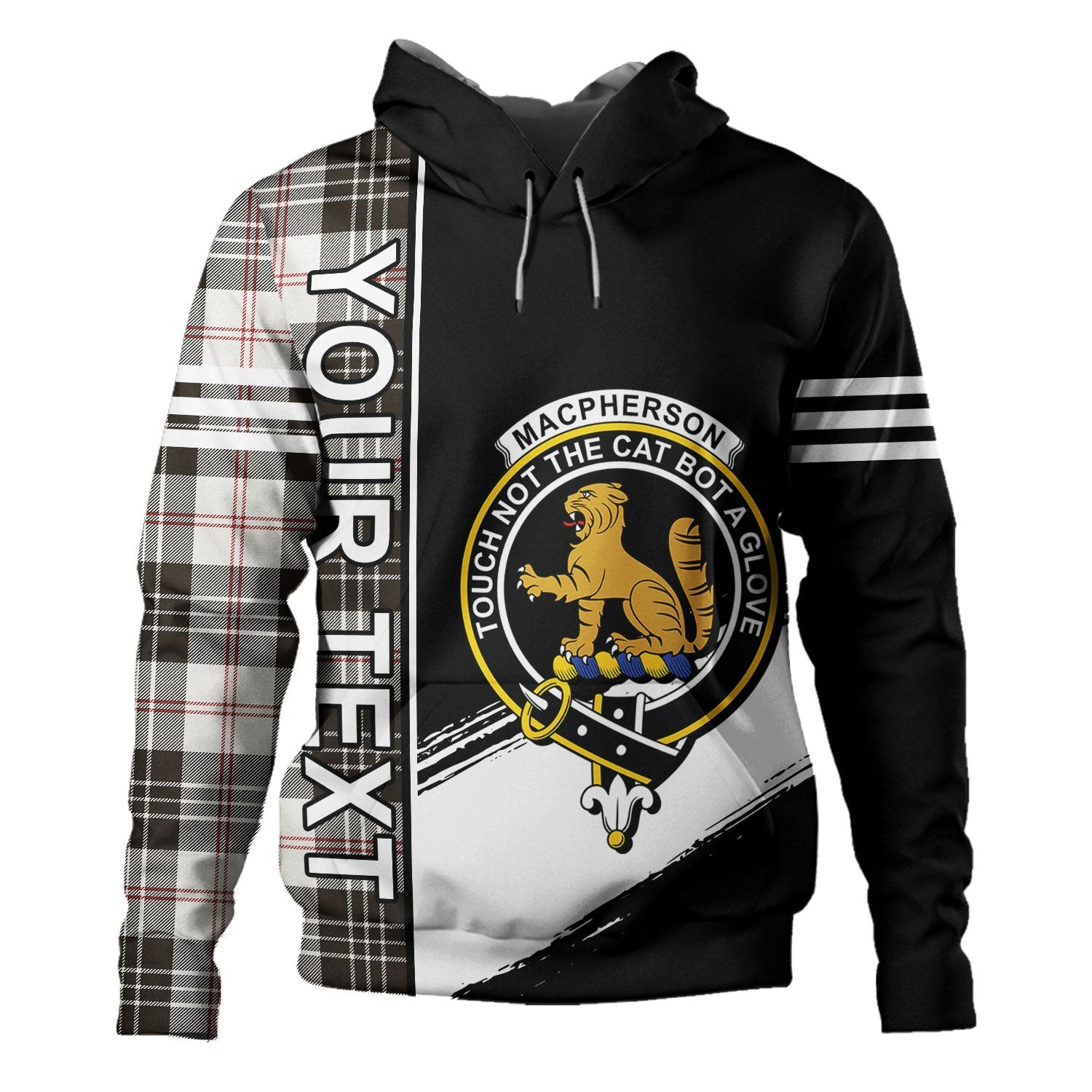 ScotsTee Shop Scottish MacPherson of Cluny Black & White Weathered Clan Crest Tartan Hoodie Quarter Personalized