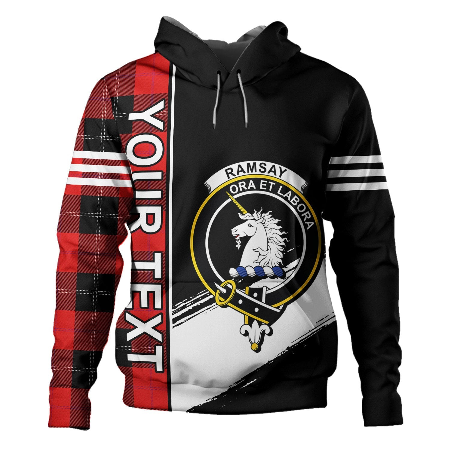 ScotsTee Shop Scottish Ramsay Red (Ramsay of Dalhousie) Clan Crest Tartan Hoodie Quarter Personalized