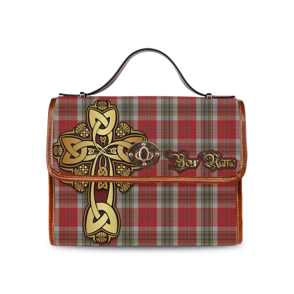 ScotsTee Shop Scottish MacLean of Duart Dress Red Clan Tartan Canvas Bag Golden Thistle and Celtic Cross Personalize Your Name Bag