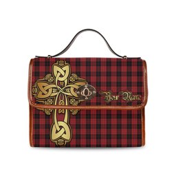 ScotsTee Shop Scottish MacLeod Black and Red Clan Tartan Canvas Bag Golden Thistle and Celtic Cross Personalize Your Name Bag