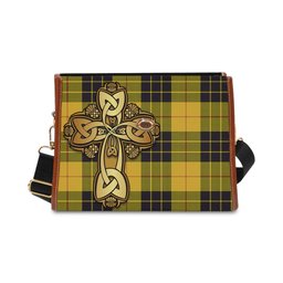 ScotsTee Shop Scottish MacLeod of Lewis Ancient Clan Tartan Canvas Bag Golden Thistle and Celtic Cross Personalize Your Name Bag