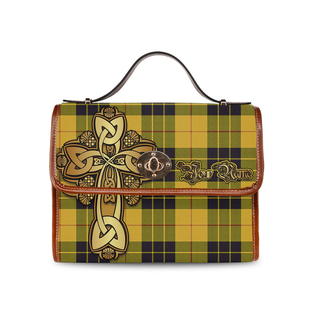 ScotsTee Shop Scottish MacLeod of Lewis Ancient Clan Tartan Canvas Bag Golden Thistle and Celtic Cross Personalize Your Name Bag