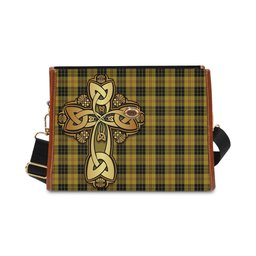 ScotsTee Shop Scottish MacLeod Clan Tartan Canvas Bag Golden Thistle and Celtic Cross Personalize Your Name Bag