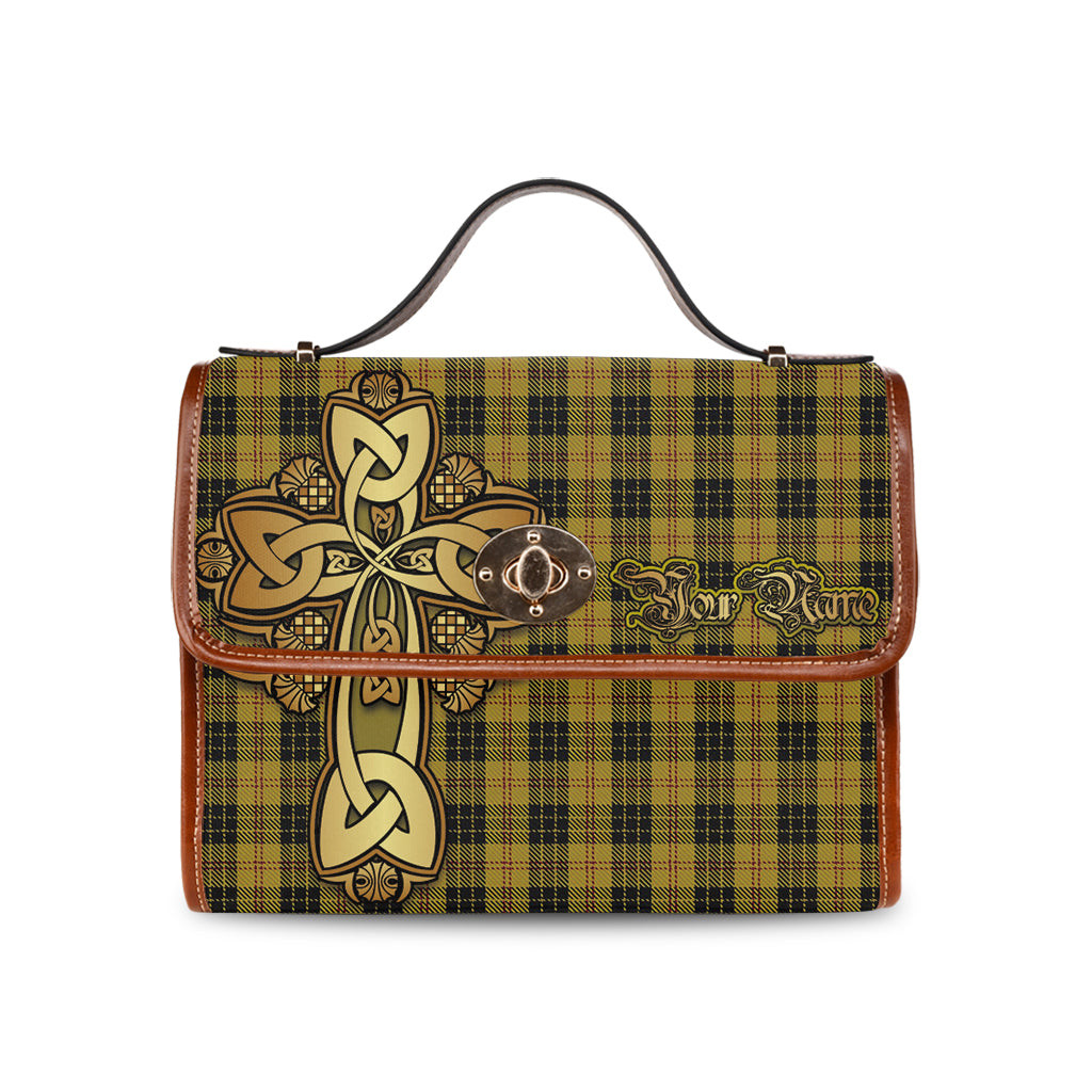 ScotsTee Shop Scottish MacLeod Clan Tartan Canvas Bag Golden Thistle and Celtic Cross Personalize Your Name Bag